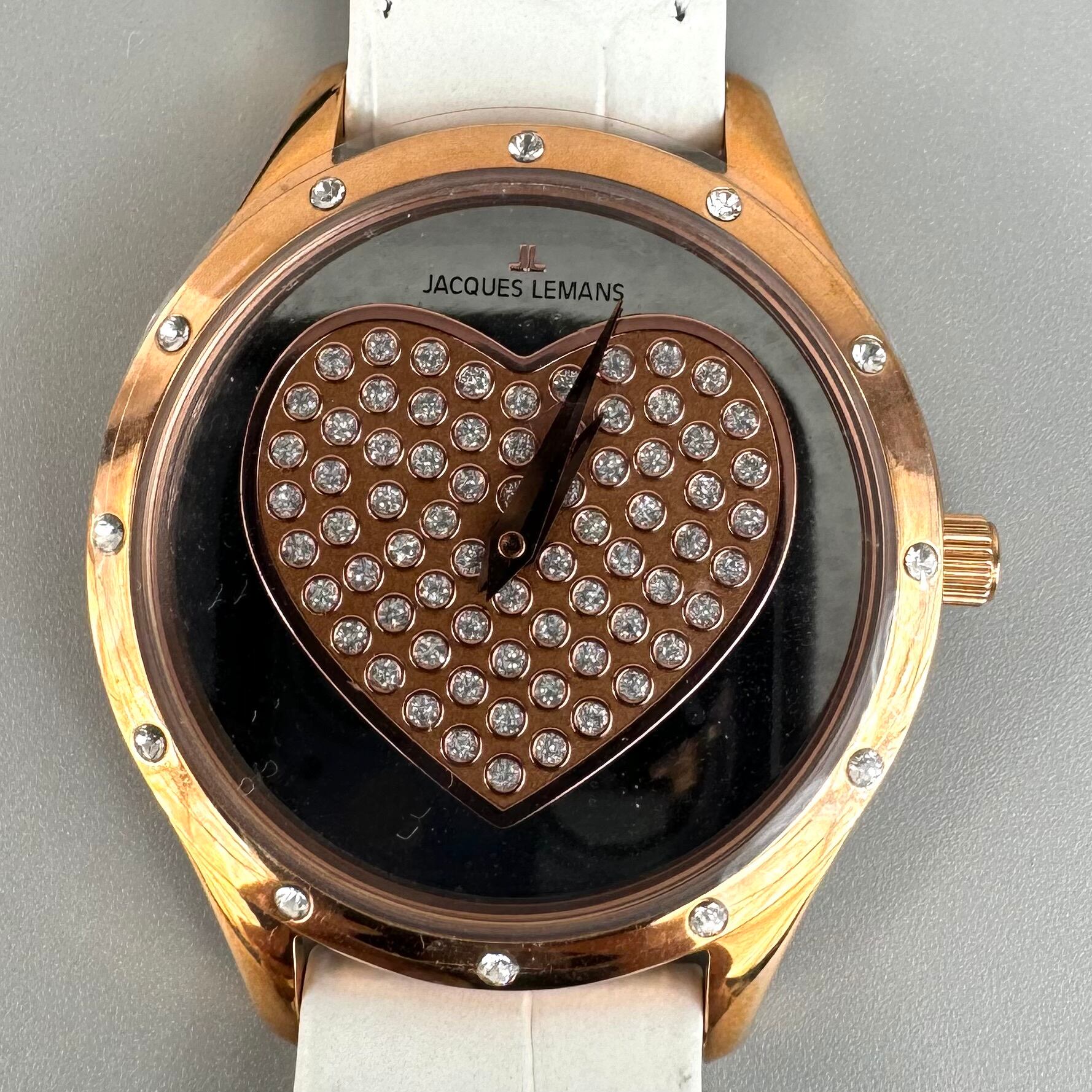 【未使用】ジャックルマン　JACQUES LEMANS　JAL1-1803D　クォーツ　スワロフスキー　ハート　シルバー　革ベルト　レディース