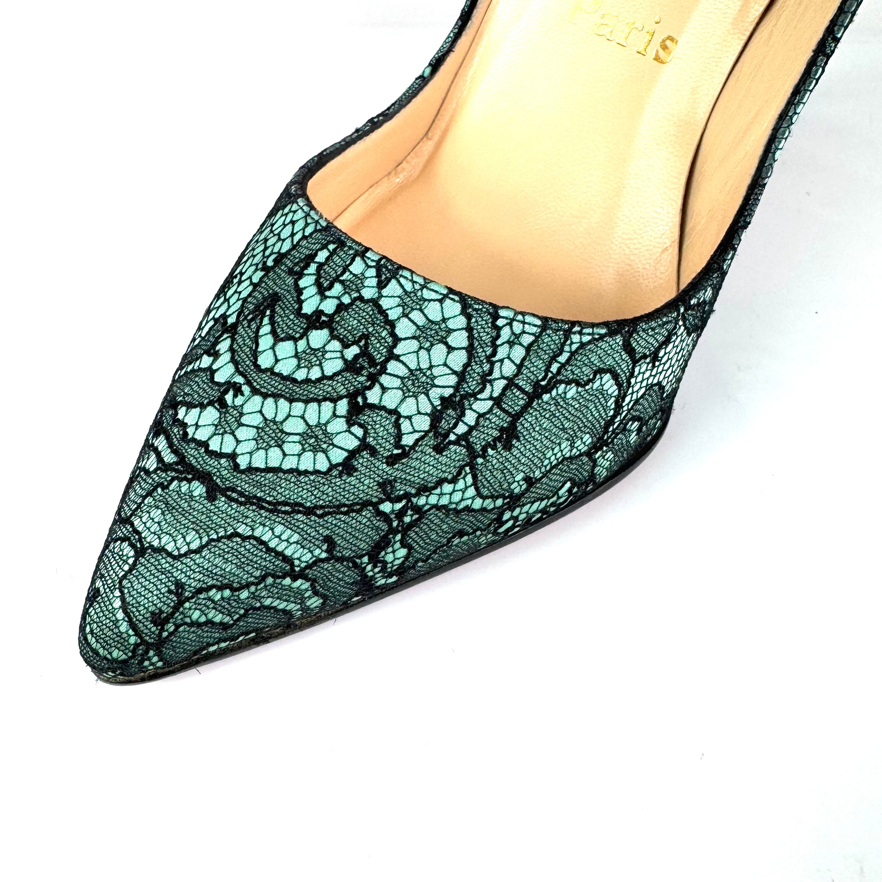 クリスチャンルブタン　Christian Louboutin　パンプス　フラワーレース　パーティー　グリーン　ブラック　37　日本サイズ約24cm