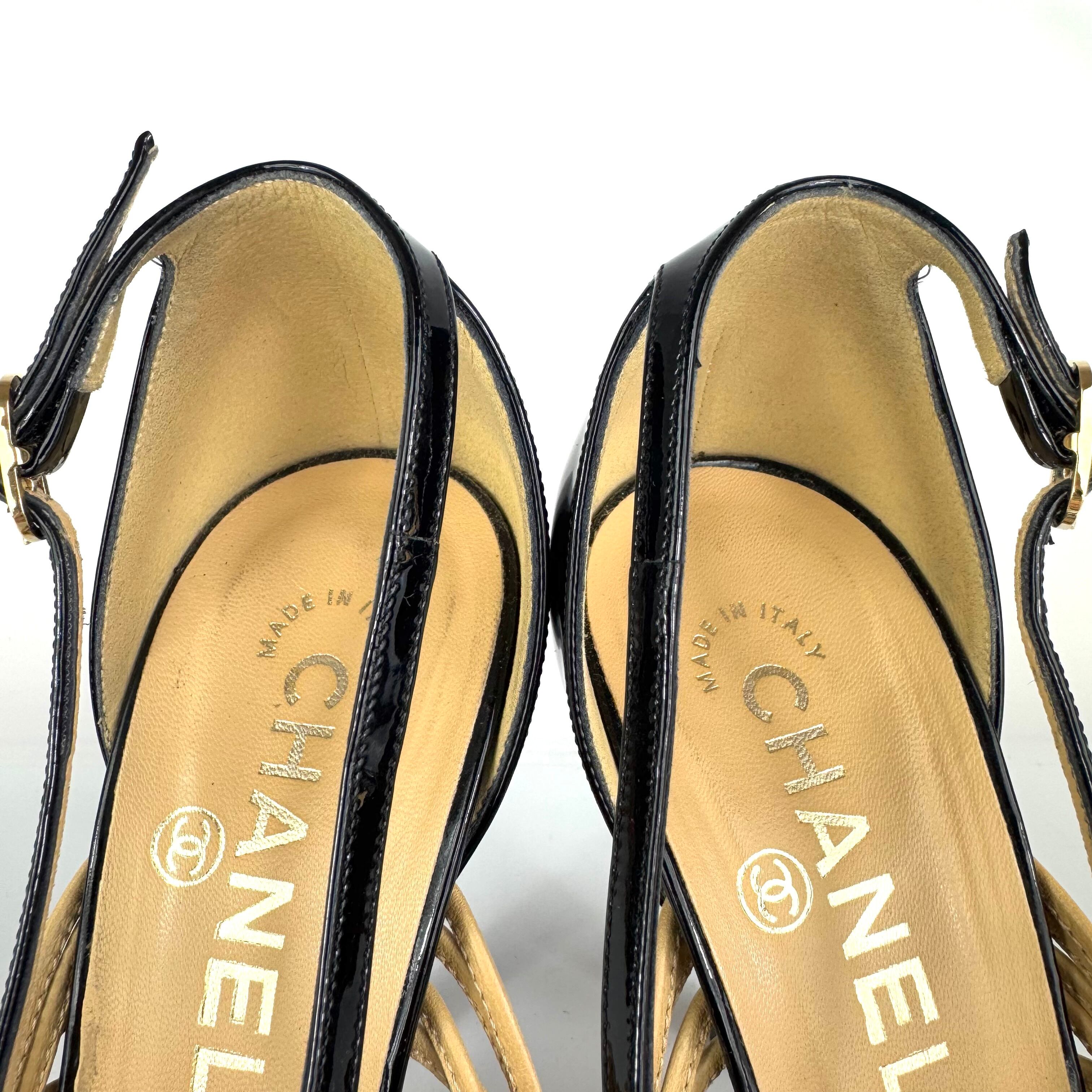 シャネル　CHANEL　ヒールサンダル　ストラップ　ココマーク　ベージュ　ブラック　37 1/2C　日本サイズ約24.5cm