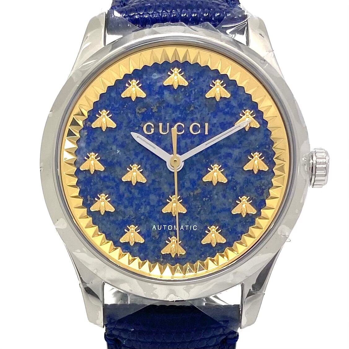 【未使用】腕時計 グッチ GUCCI Gタイムレス 126.4 YA1264122 ビー 蜂 モチーフ 自動巻 青 革ベルト メンズ レディース ユニセックス