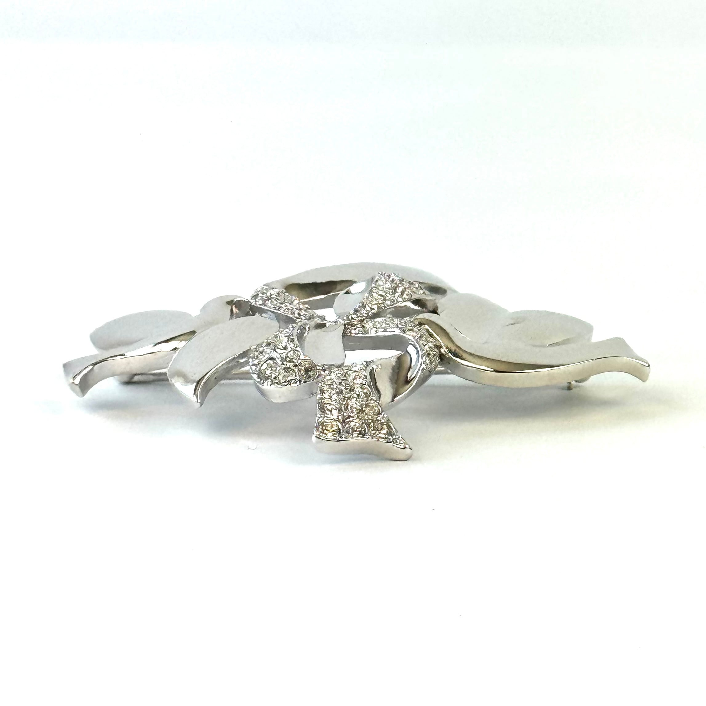 【美品】ニナリッチ　ブローチ　ラインストーン　トリ　リボン　シルバー