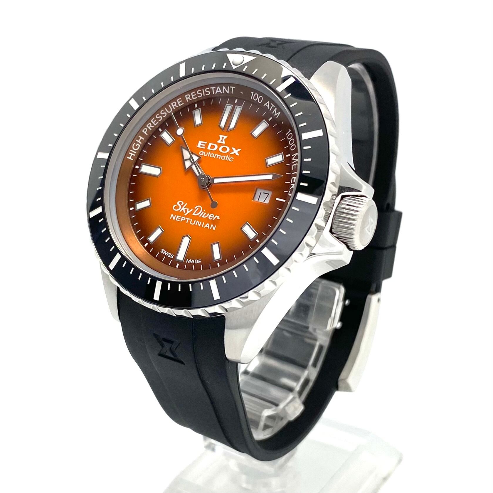 【美品】腕時計 メンズ エドックス スカイダイバー ネプチュニアン 80120-3NCA-ODN ダイバーズ 自動巻 オレンジ デイト表示 樹脂ベルト セラミック 1000m防水