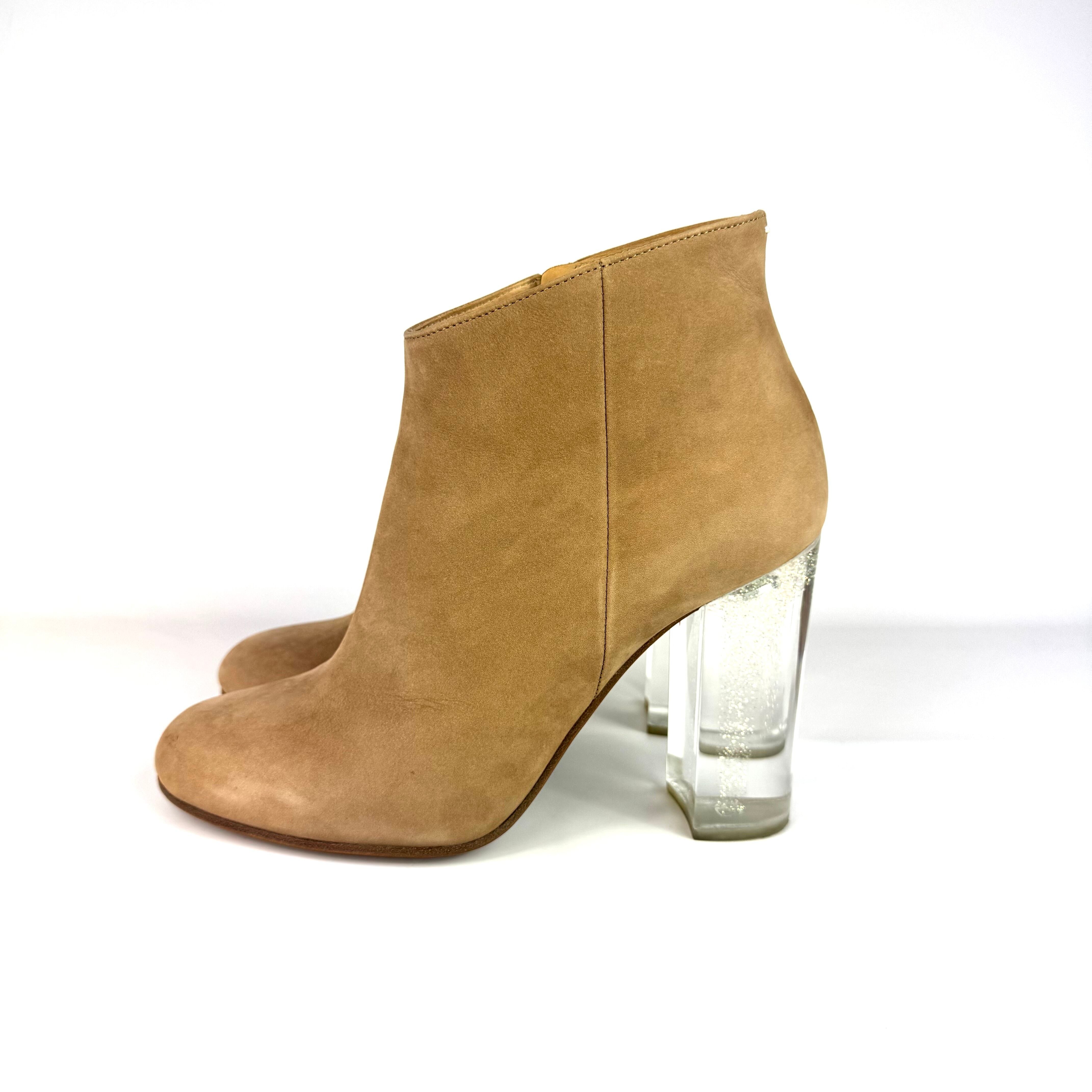 マルタンマルジェラ　ショートブーツ　クリアヒール　ラメ　スエード　ベージュ