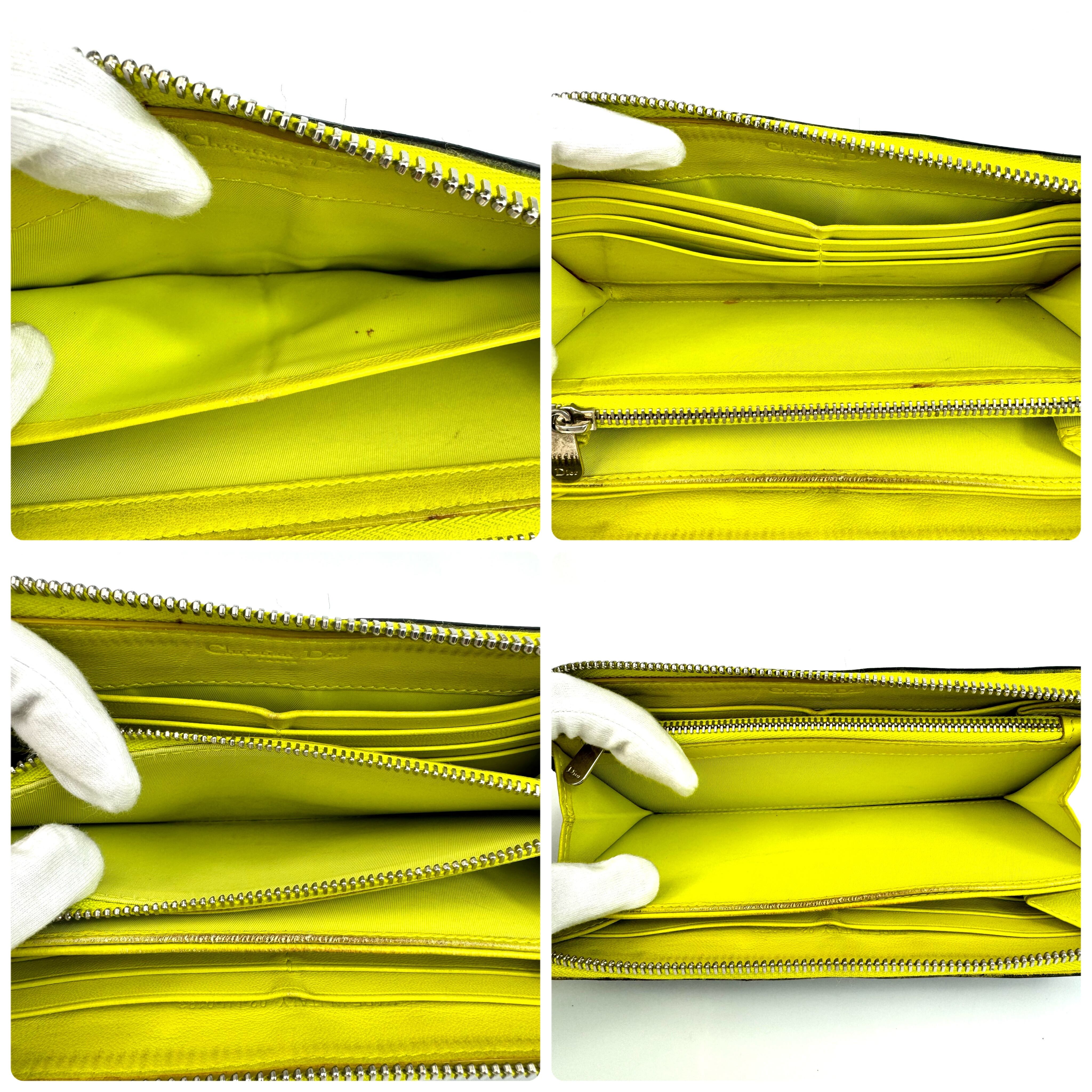 クリスチャンディオール　カナージュ　ロングウォレット　ラウンドジップ　レザー　黒　黄色　チャームなし