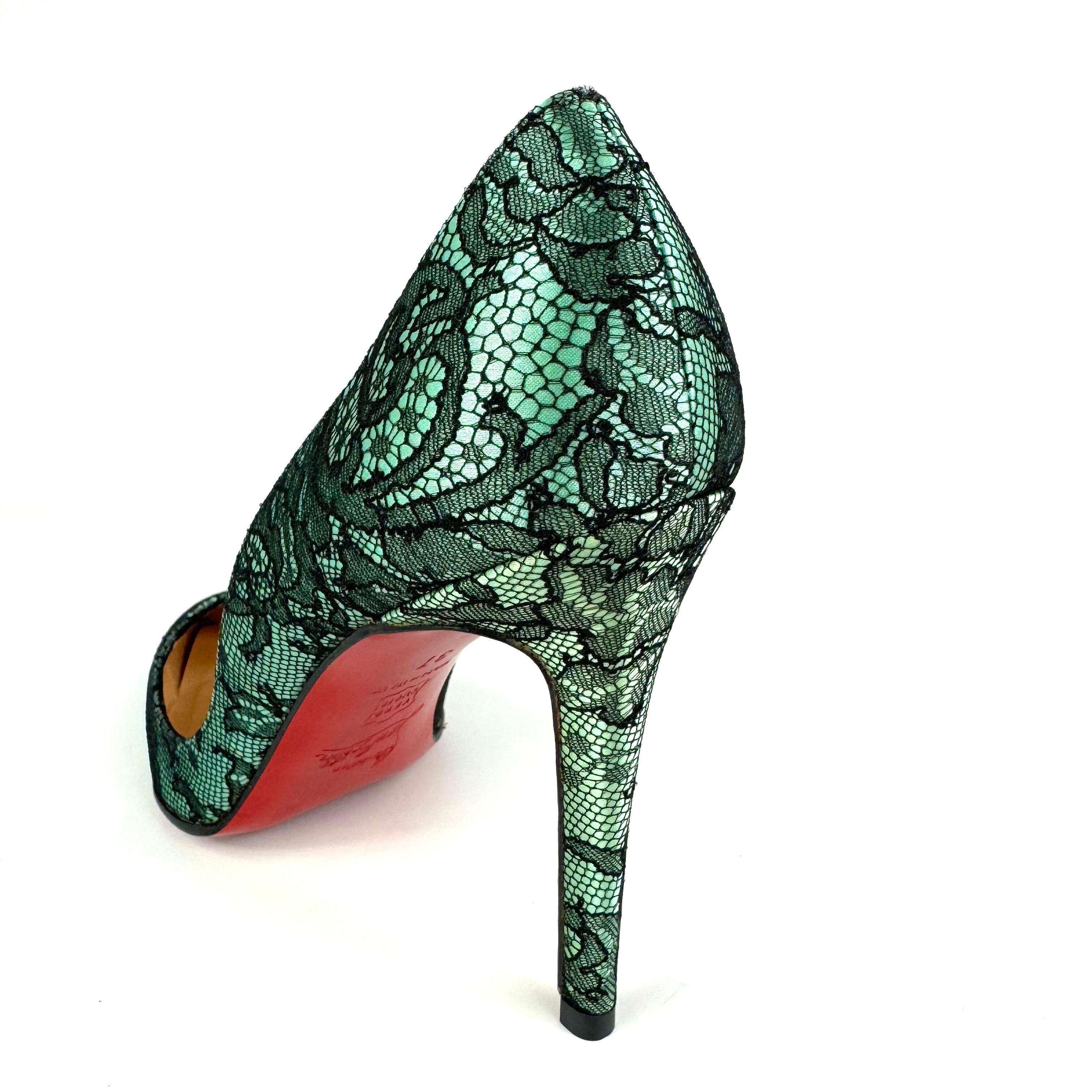クリスチャンルブタン　Christian Louboutin　パンプス　フラワーレース　パーティー　グリーン　ブラック　37　日本サイズ約24cm