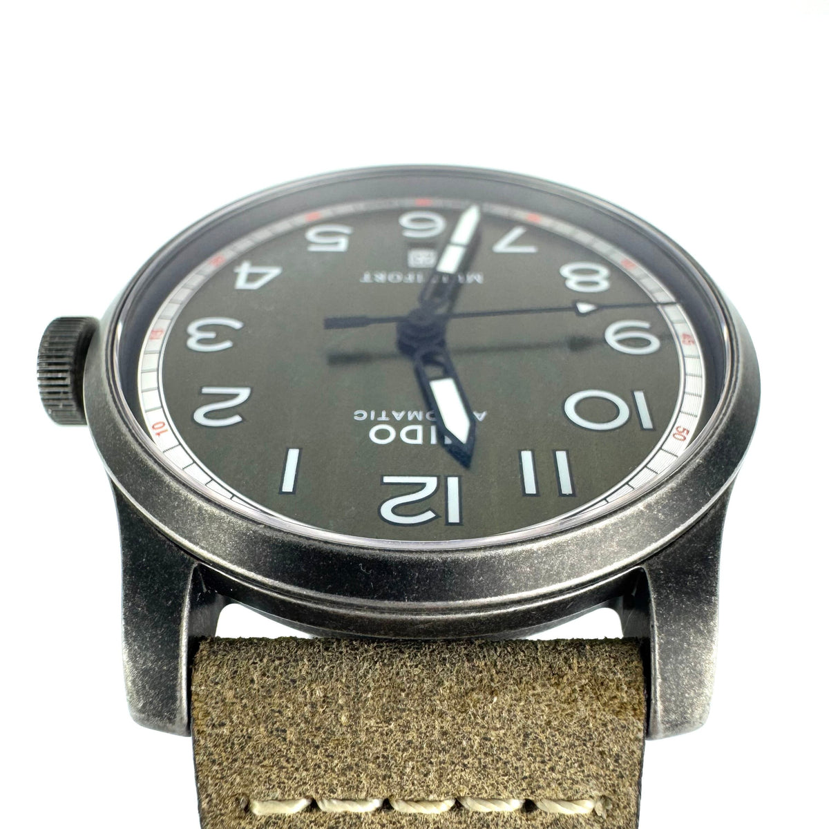 【美品】ミドー　MIDO　マルチフォート　M032607A　自動巻　デイト表示　裏スケ　カーキ　革ベルト