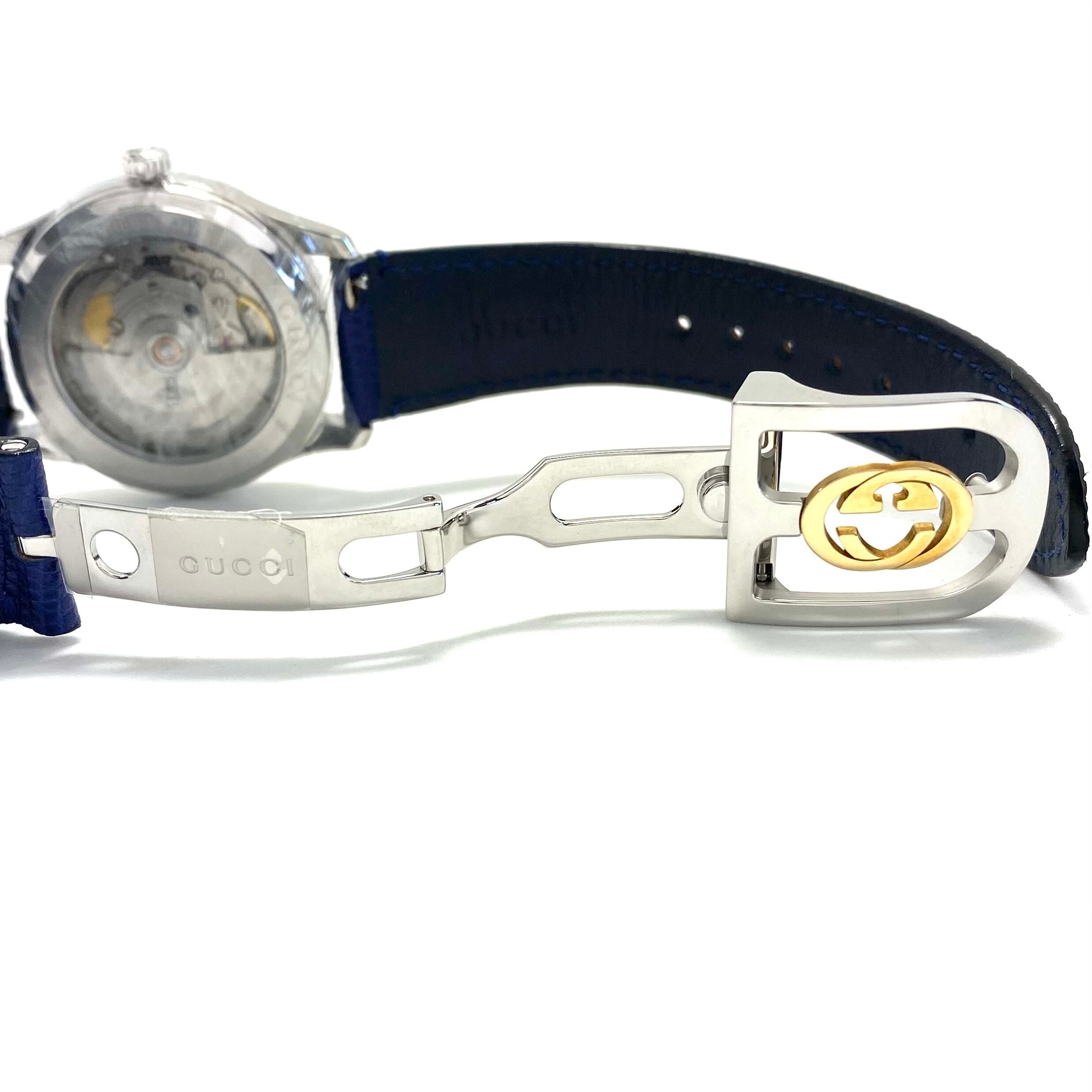 【未使用】腕時計 グッチ GUCCI Gタイムレス 126.4 YA1264122 ビー 蜂 モチーフ 自動巻 青 革ベルト メンズ レディース ユニセックス