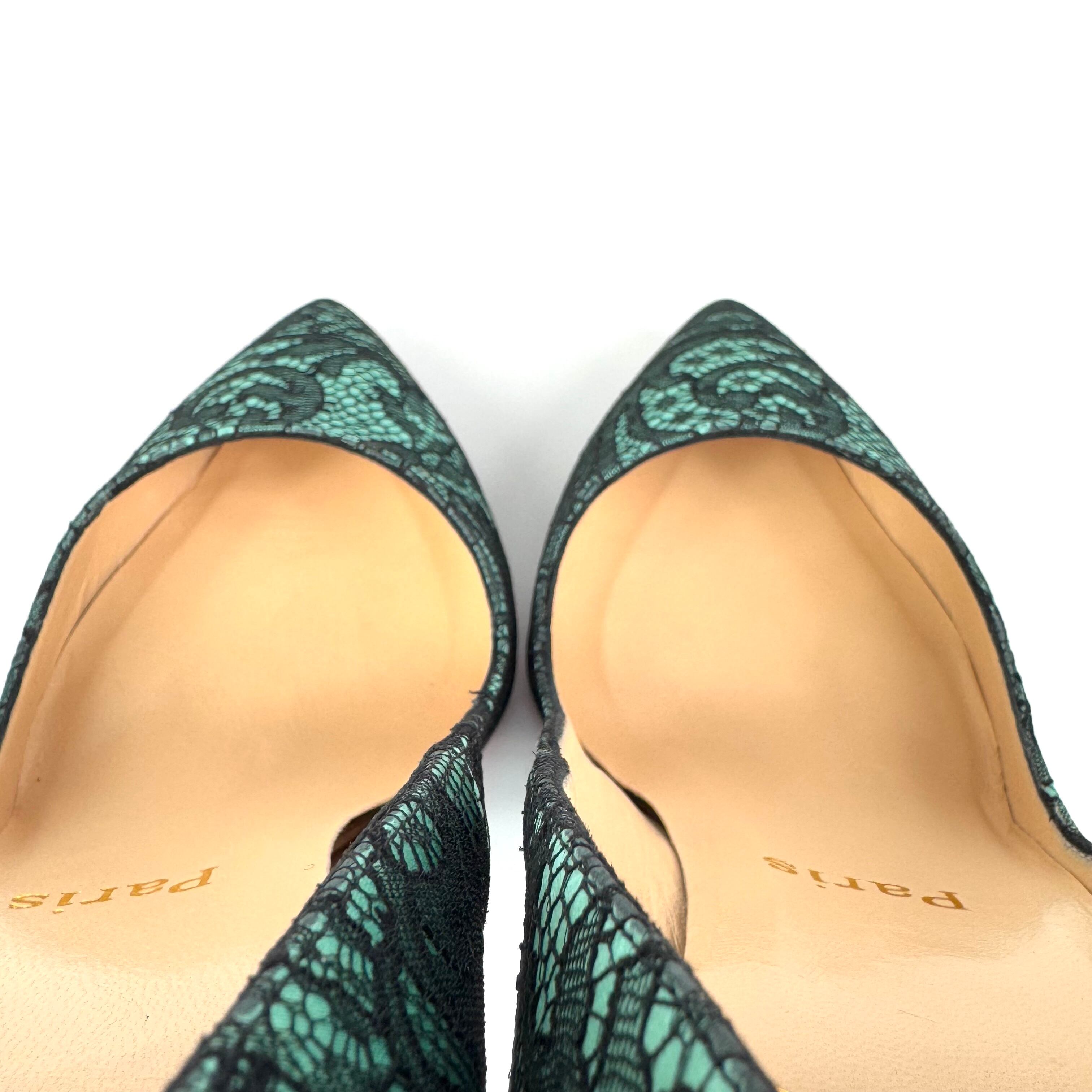 クリスチャンルブタン　Christian Louboutin　パンプス　フラワーレース　パーティー　グリーン　ブラック　37　日本サイズ約24cm