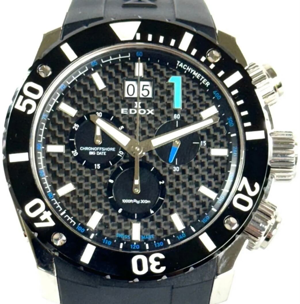 エドックス　EDOX　クロノオフショア1　10020-3-NBU　クォーツ　クロノグラフ　ビックデイト　デイト表示　ラバーベルト　黒