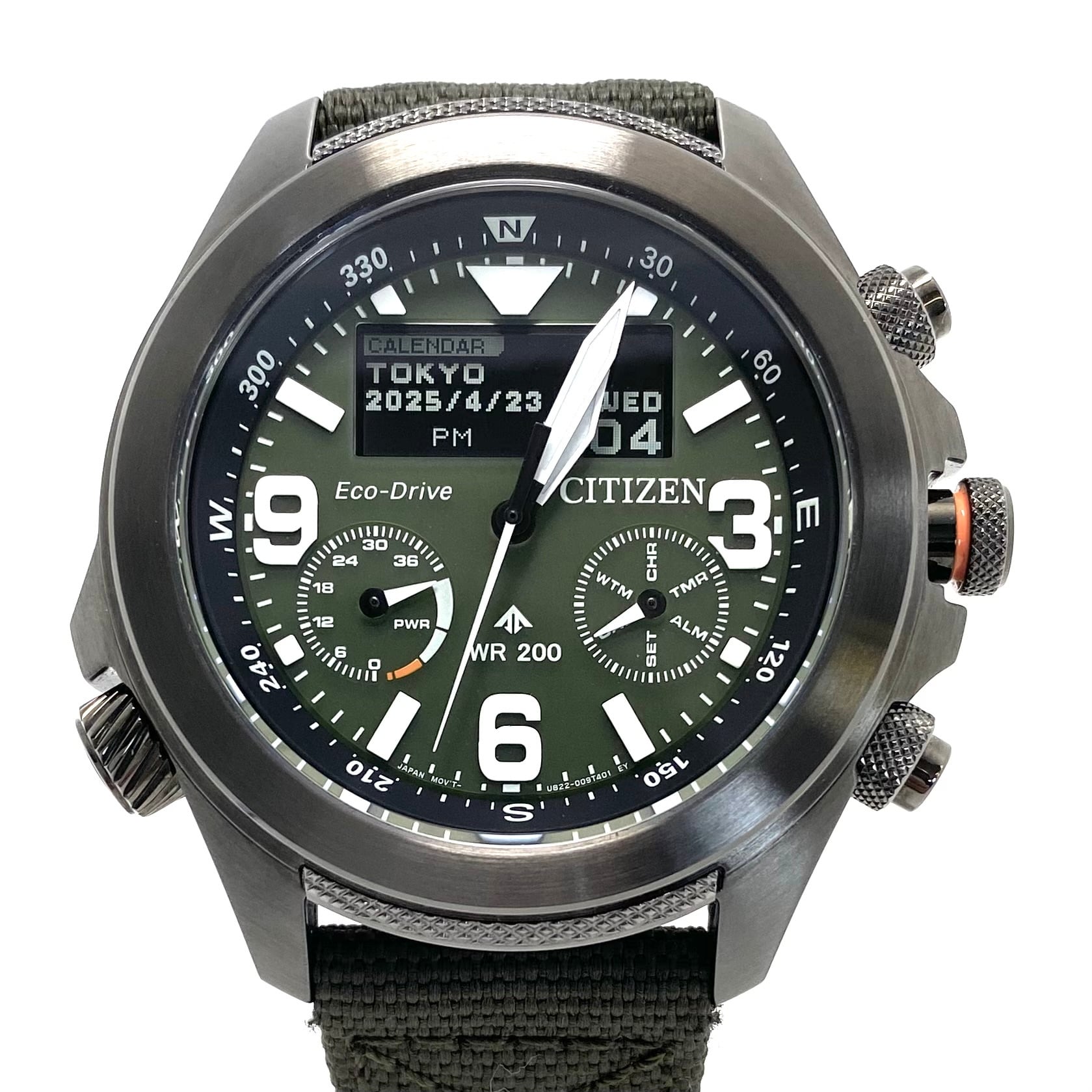 【美品】シチズン　CITIZEN　プロマスター　LANDシリーズ　JV1005-02W　U822-008MS04　エコドライブ　アナデジ　グリーン　ナイロン