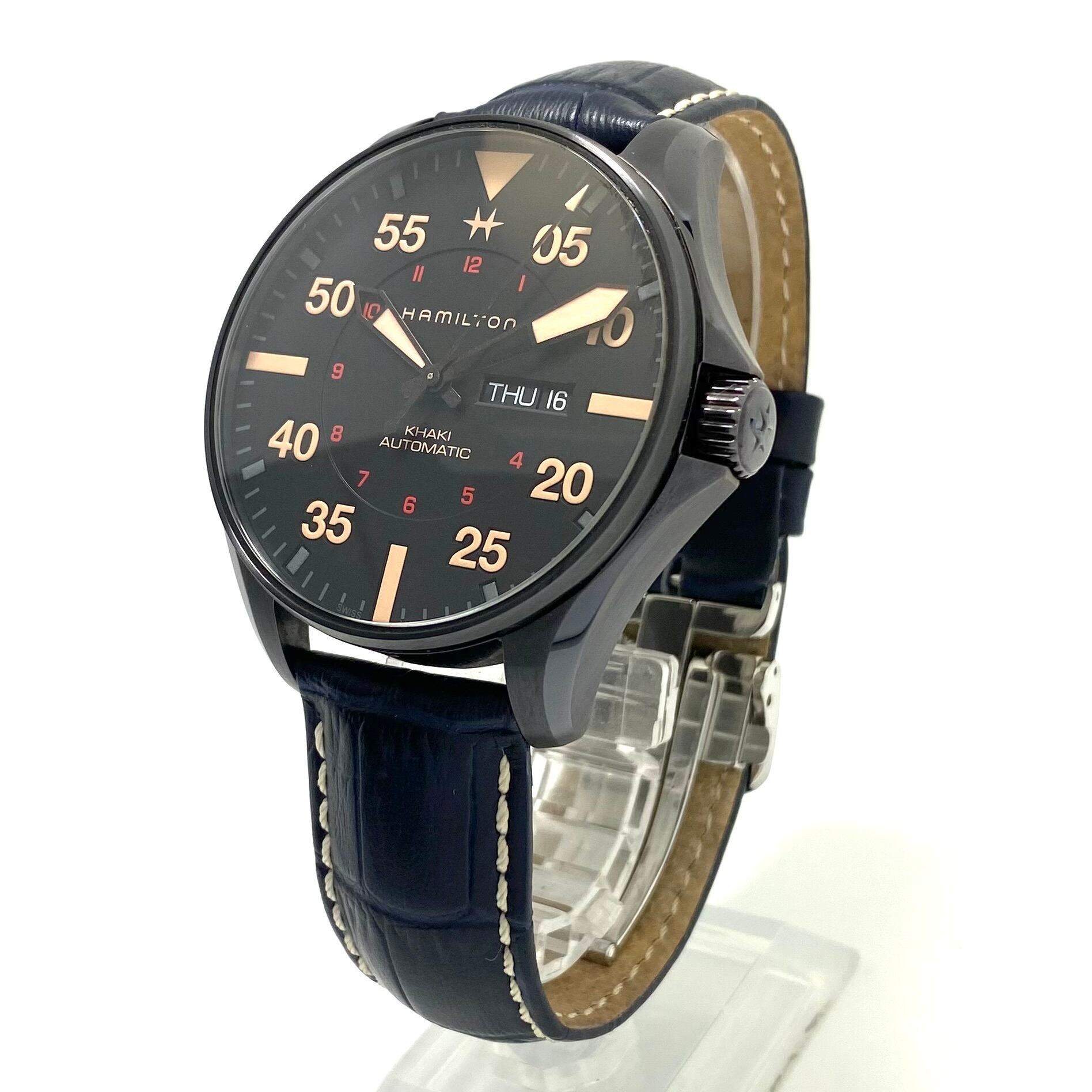 【美品・希少】ハミルトン HAMILTON カーキアビエーション パイロット デイデイト オート H64705531 H647050 自動巻 裏スケ 革ベルト 20気圧防水 中古 腕時計 メンズ