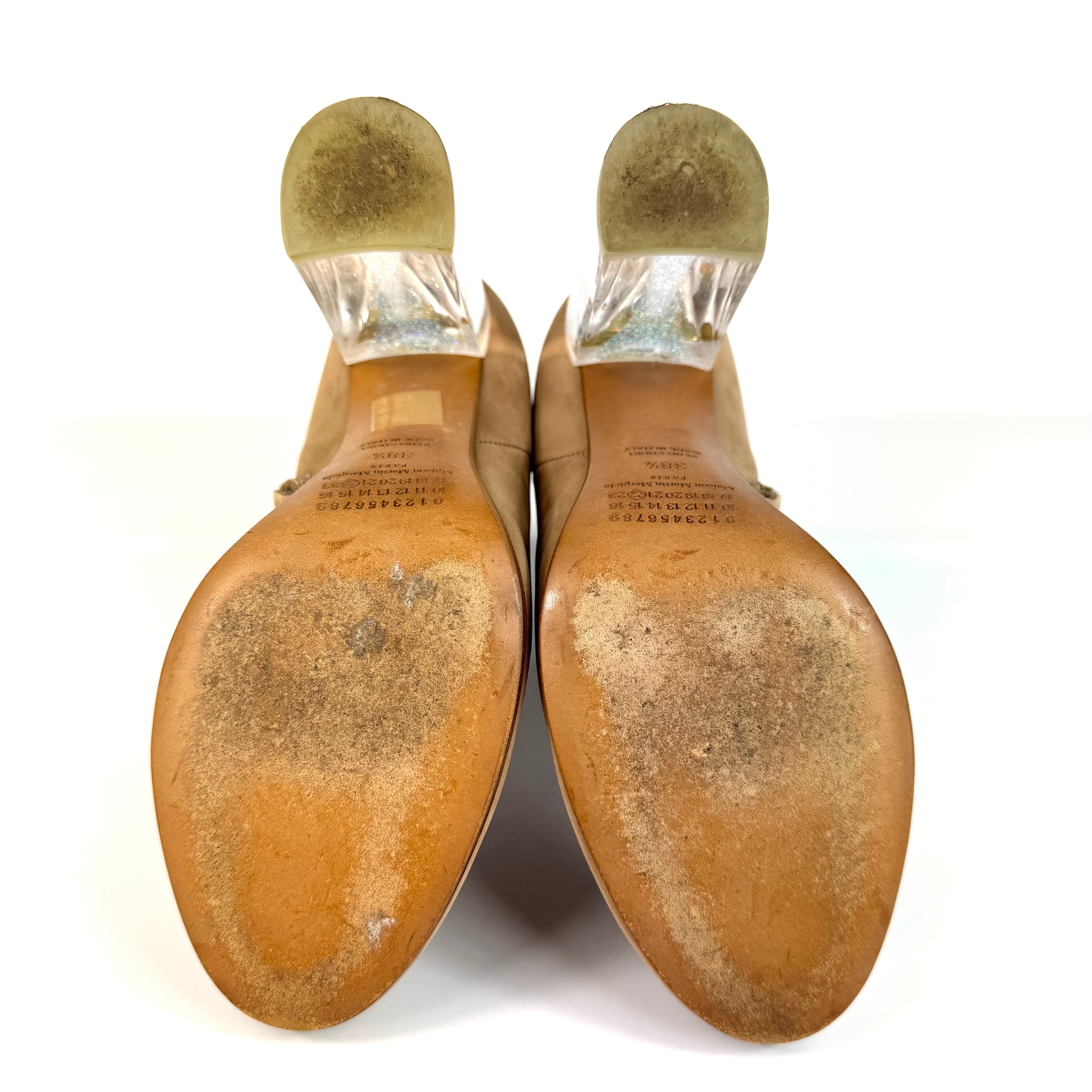 マルタンマルジェラ　ショートブーツ　クリアヒール　ラメ　スエード　ベージュ