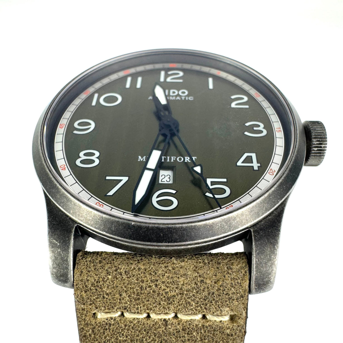 【美品】ミドー　MIDO　マルチフォート　M032607A　自動巻　デイト表示　裏スケ　カーキ　革ベルト