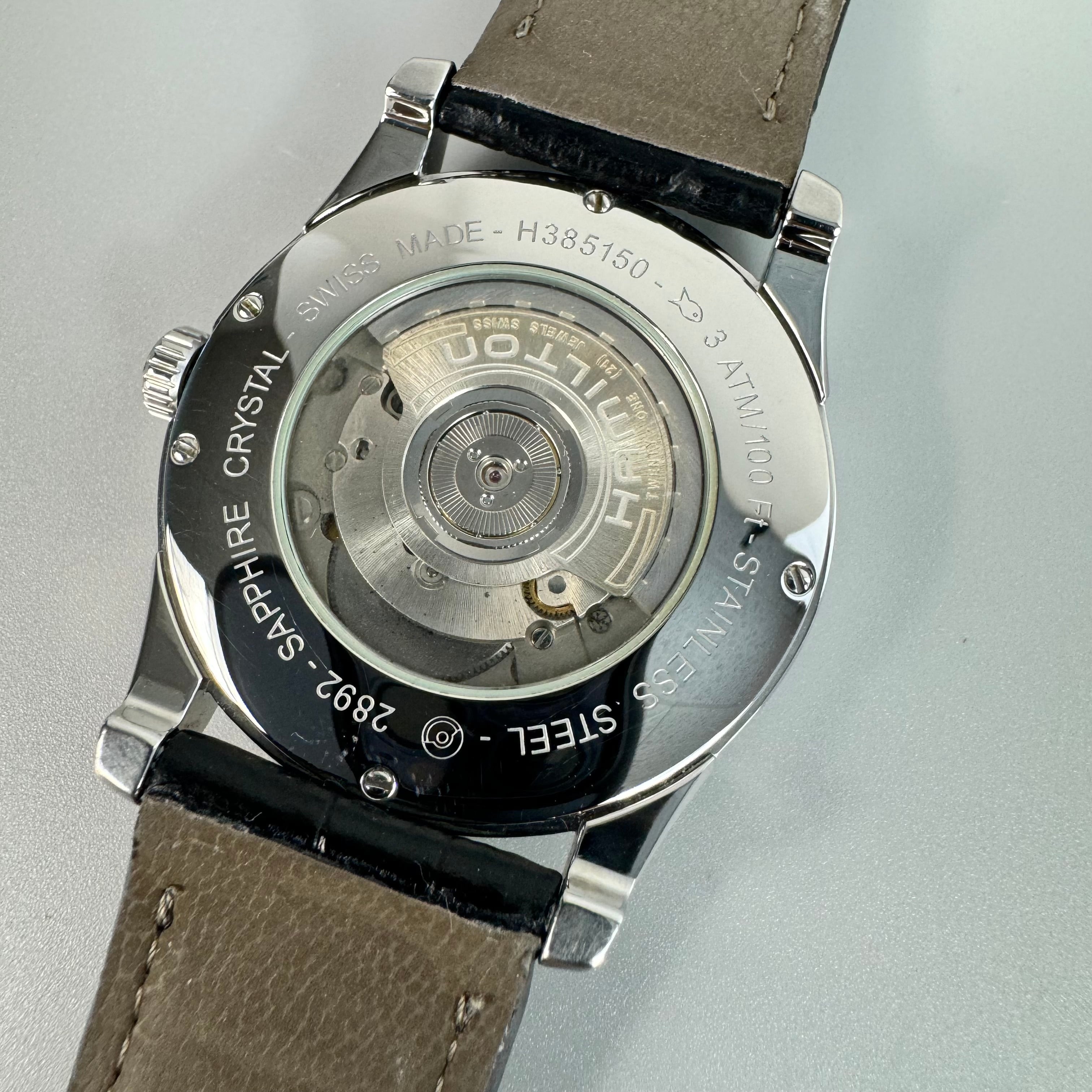 ハミルトン　HAMILTON　ジャズマスター　H385150　自動巻　黒　デイト表示　裏スケ　2針　社外ベルト