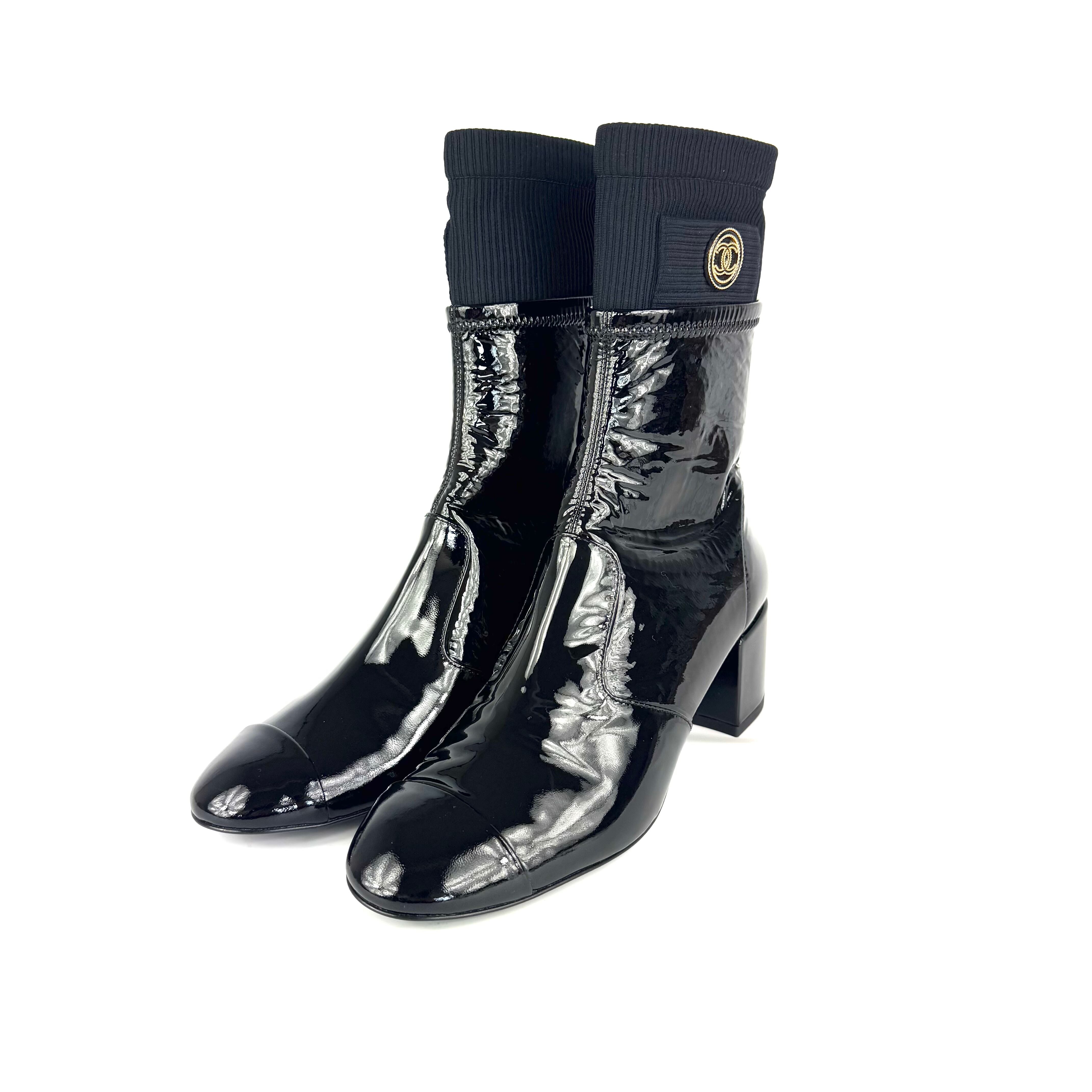 シャネル　CHANEL　ニットソックス　ブーツ　G38472　ココマーク　ニット×エナメル　黒　38C　日本サイズ約25cm