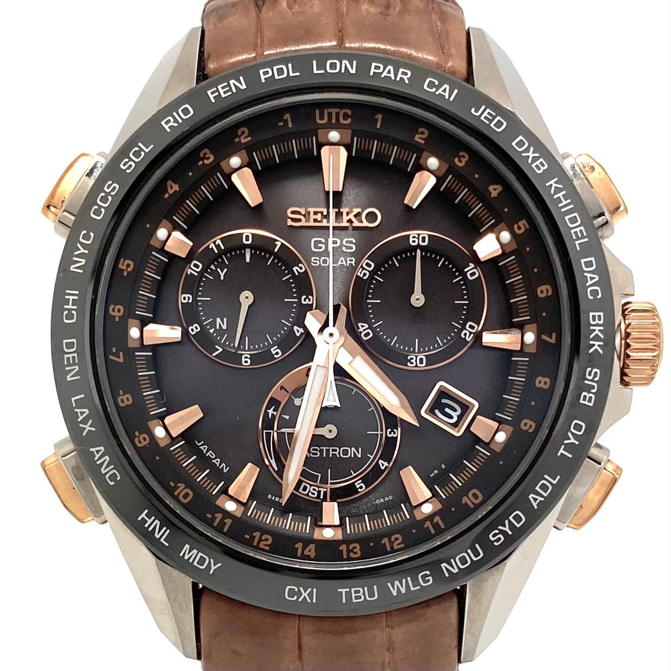 【美品】腕時計 メンズ セイコー アストロン SBXB025 8X82?0AB0-1 GPSソーラー ブラウン デイト表示 セラミック チタニウム 革ベルト 10気圧防水