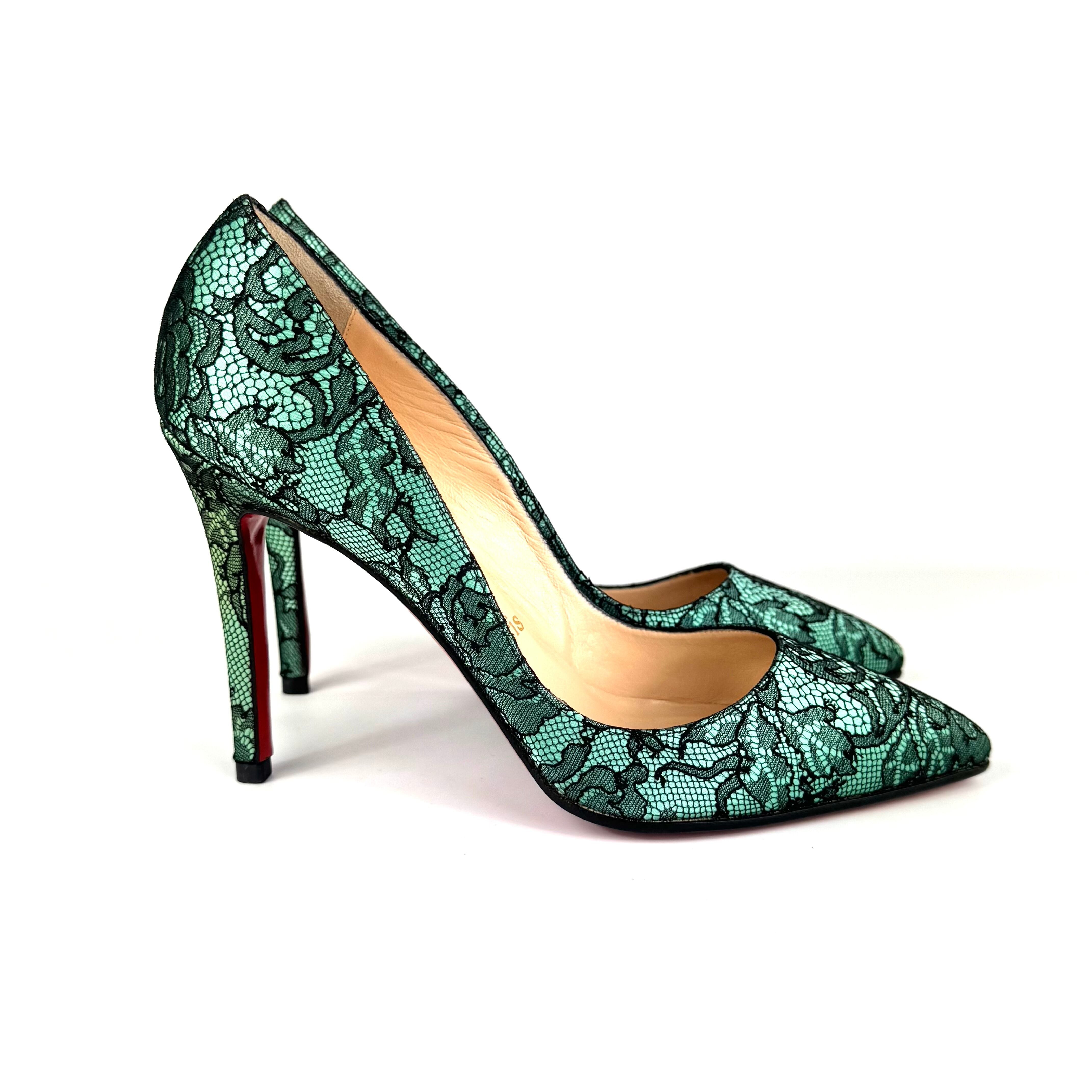 クリスチャンルブタン　Christian Louboutin　パンプス　フラワーレース　パーティー　グリーン　ブラック　37　日本サイズ約24cm