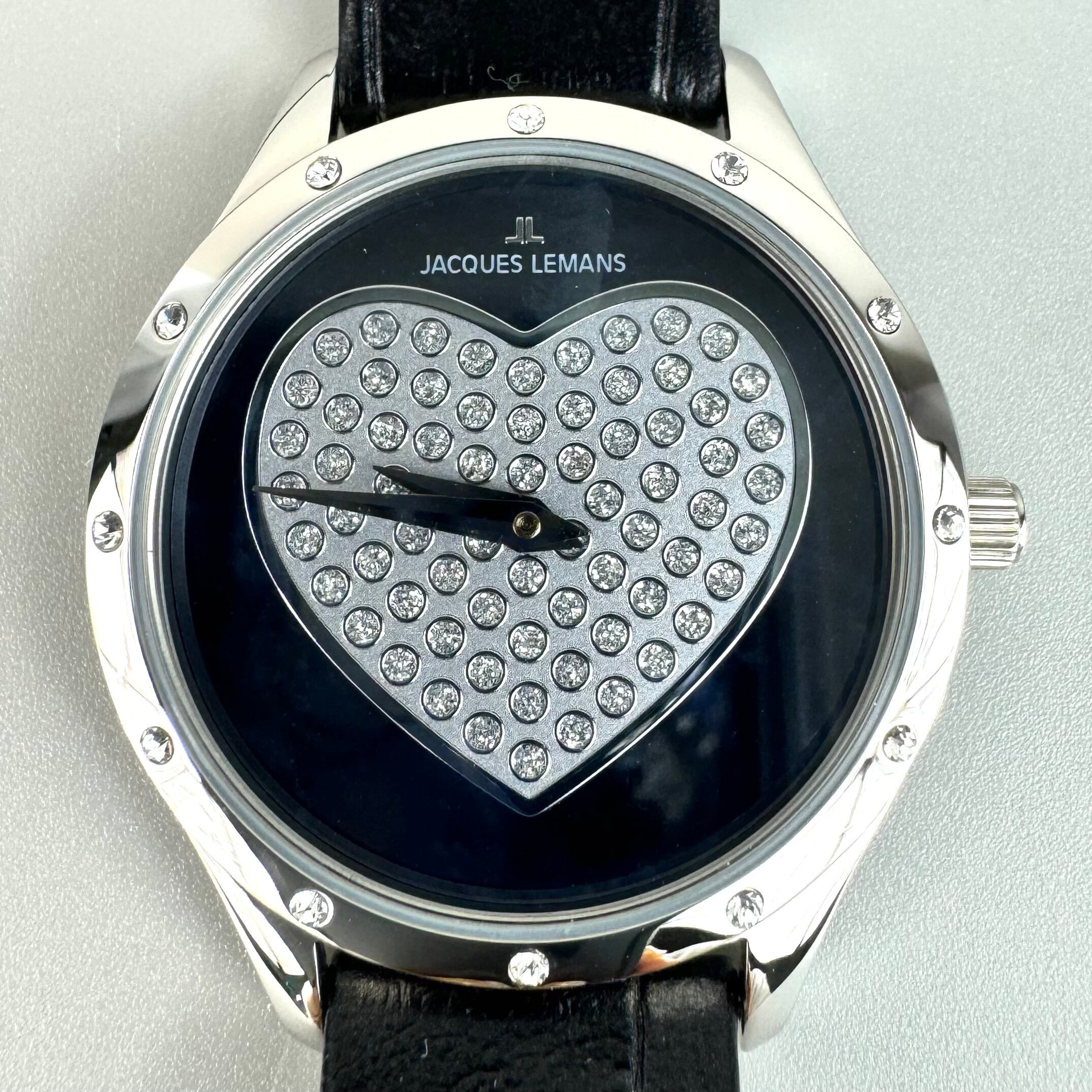 【未使用・電池交換済み】ジャックルマン　JACQUES LEMANS　JAL1-1803A　クォーツ　スワロフスキー　ハート　黒　革ベルト