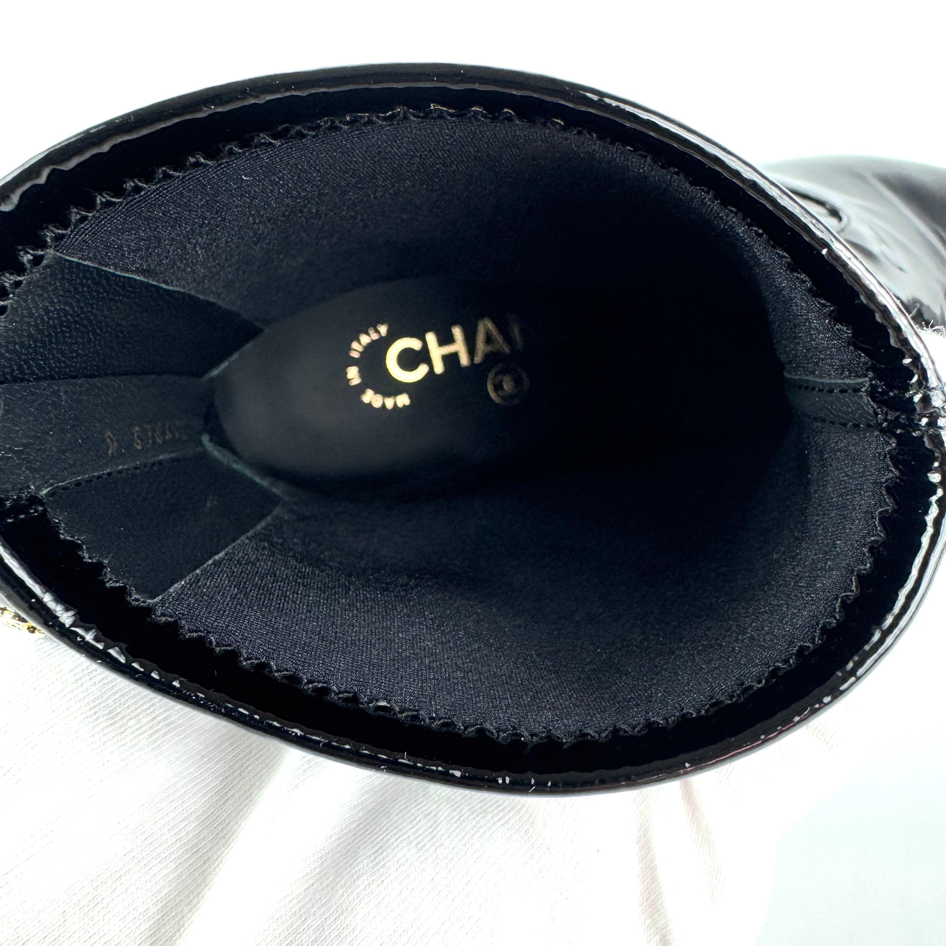 シャネル　CHANEL　ニットソックス　ブーツ　G38472　ココマーク　ニット×エナメル　黒　38C　日本サイズ約25cm