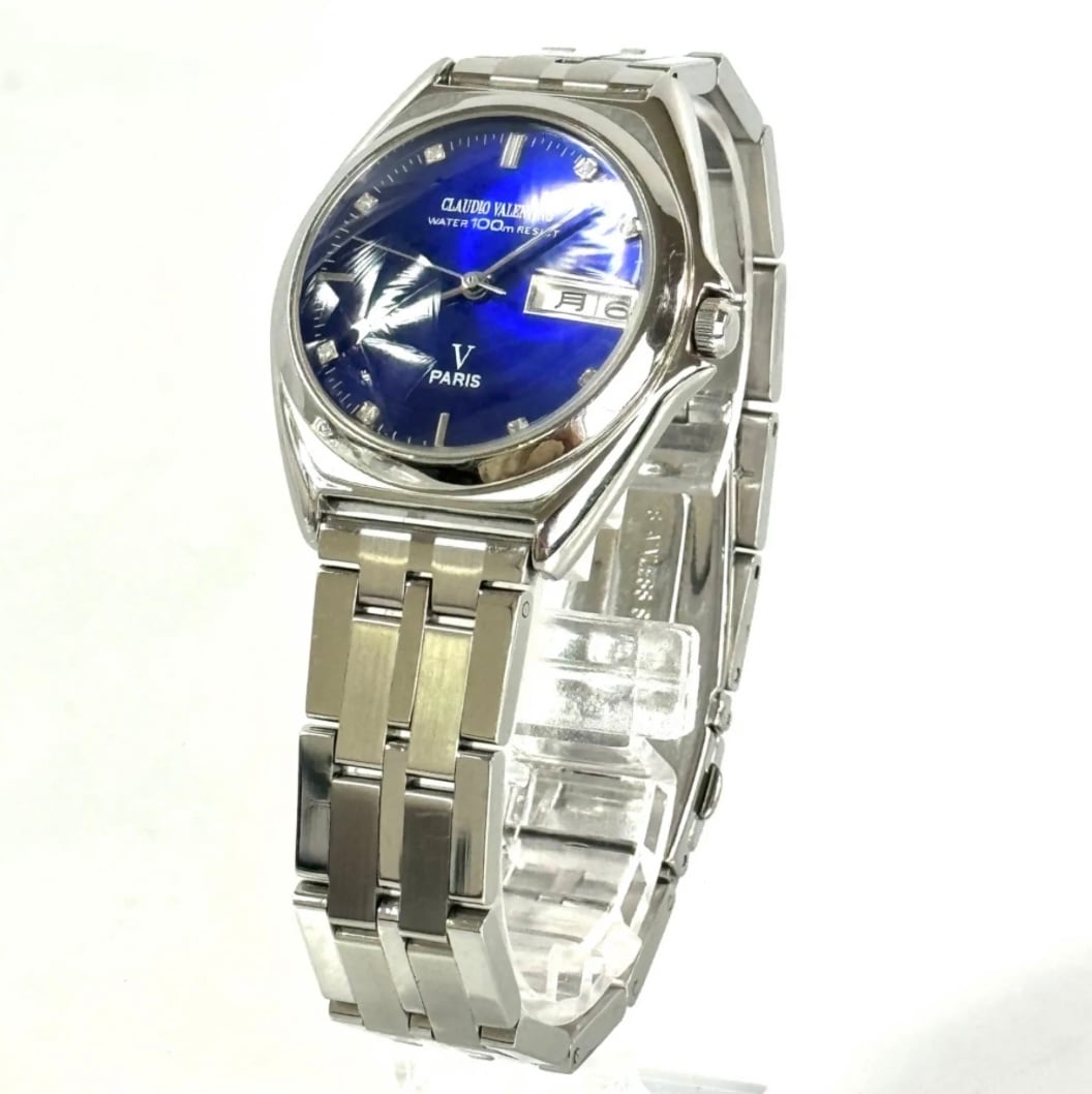 バレンチノ　CLAUDIO VALENTINO　クォーツ　デイデイト　ブルー　ラインストーン