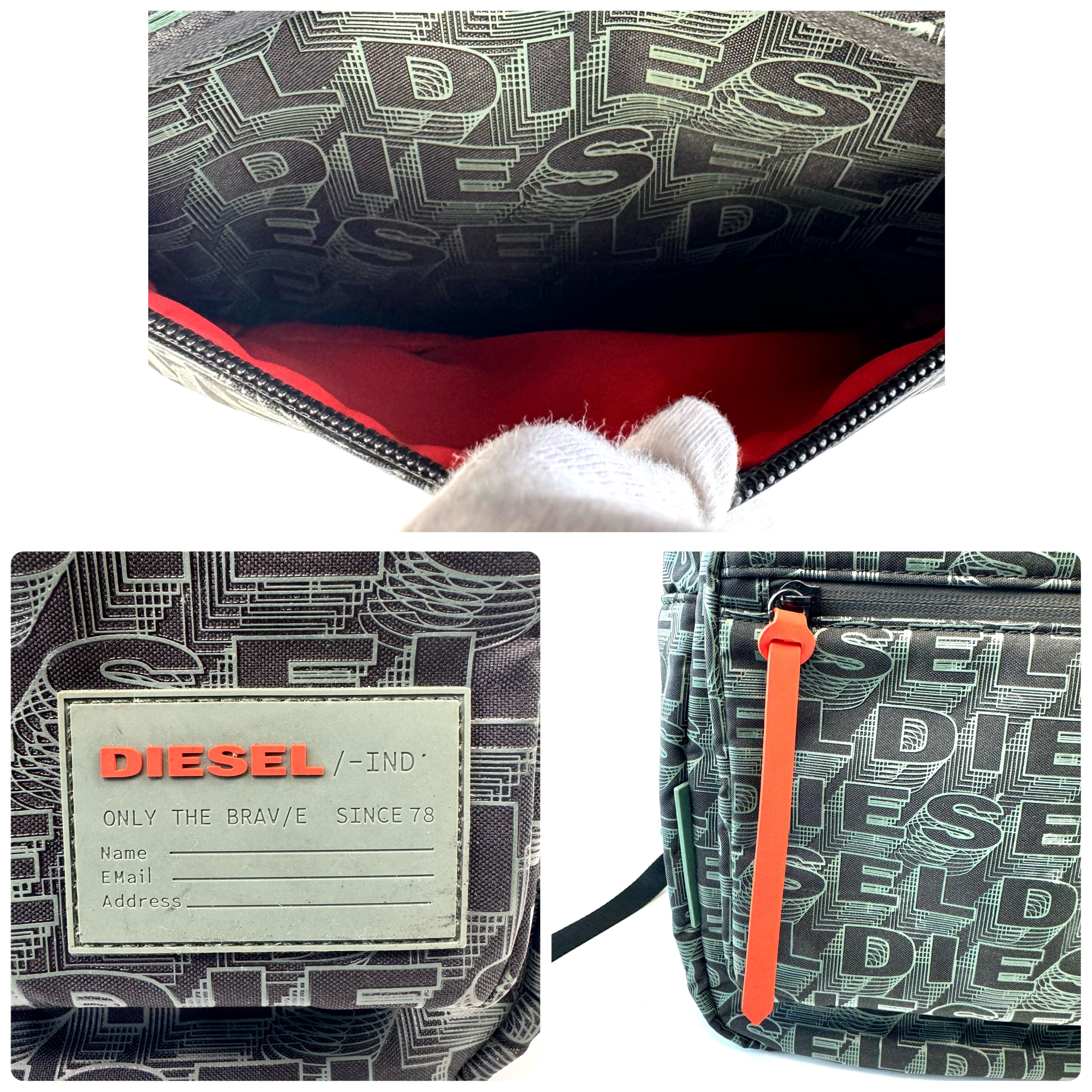 【美品】ディーゼル　リュック　バックパック　モノグラム　ロゴ　カーキー　ネオンオレンジ　緑