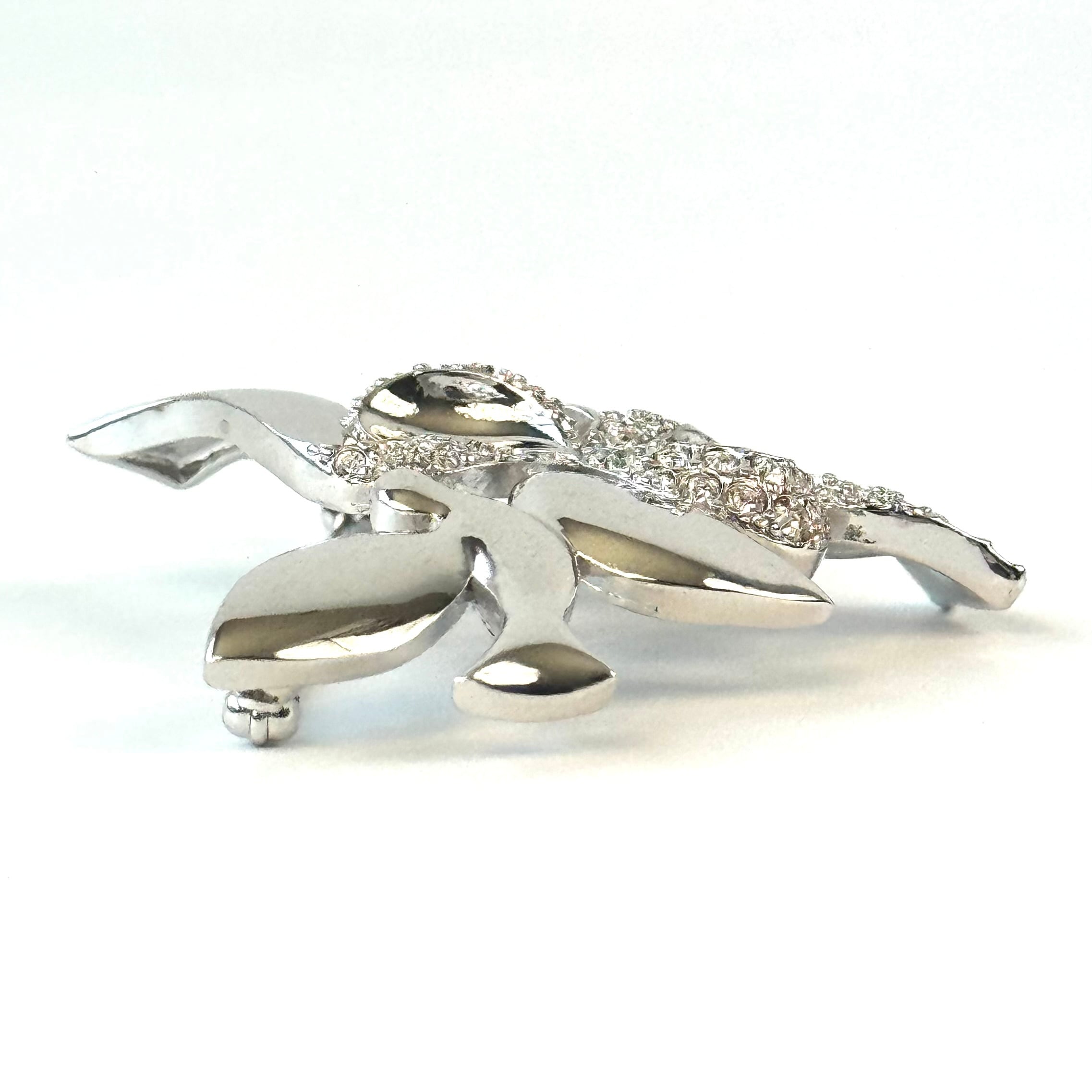 【美品】ニナリッチ　ブローチ　ラインストーン　トリ　リボン　シルバー