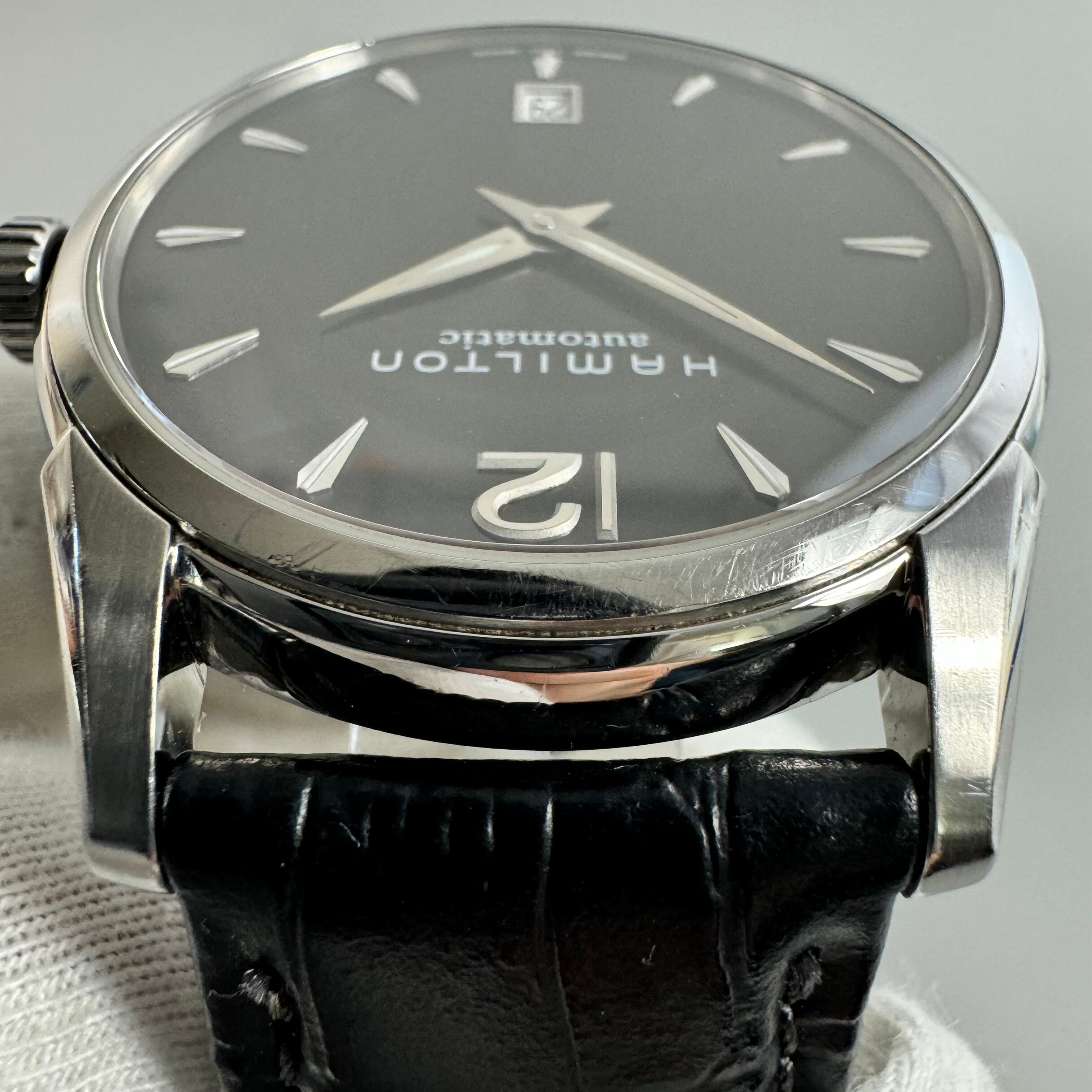 ハミルトン　HAMILTON　ジャズマスター　H385150　自動巻　黒　デイト表示　裏スケ　2針　社外ベルト