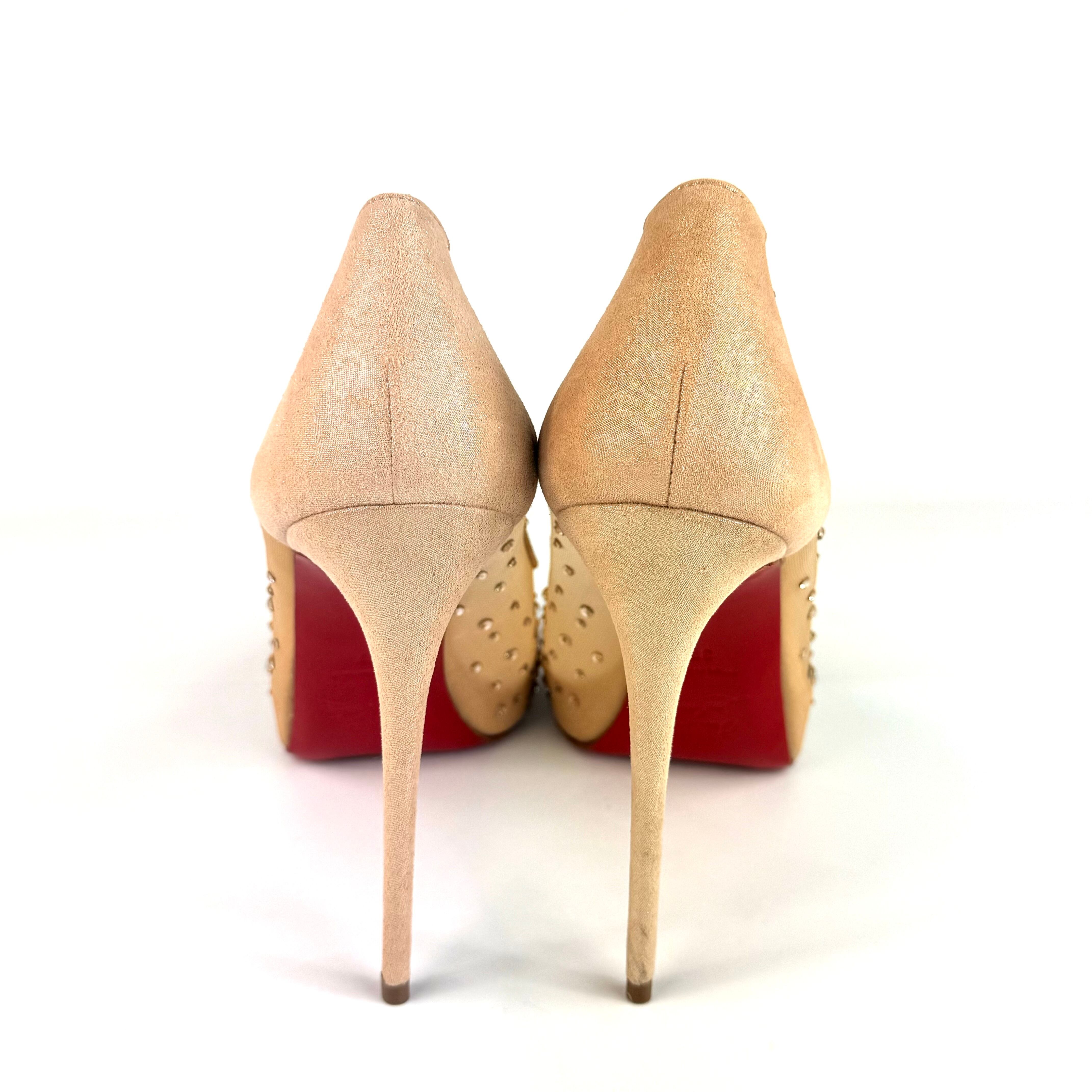 【未使用】クリスチャンルブタン　パンプス　メッシュ×スエード　オープントゥ　ベージュ　23.5cm