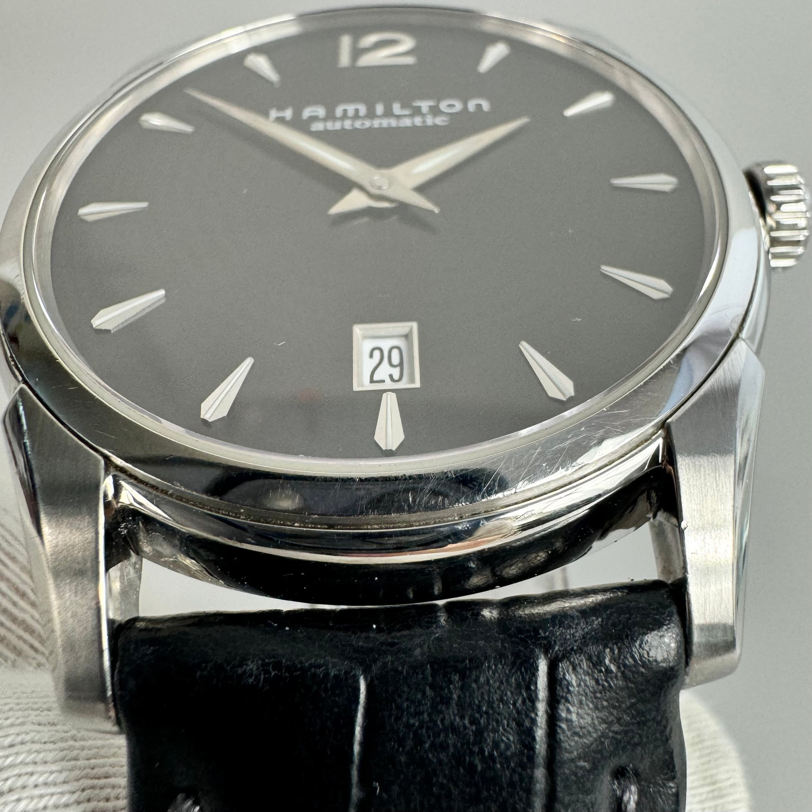 ハミルトン　HAMILTON　ジャズマスター　H385150　自動巻　黒　デイト表示　裏スケ　2針　社外ベルト
