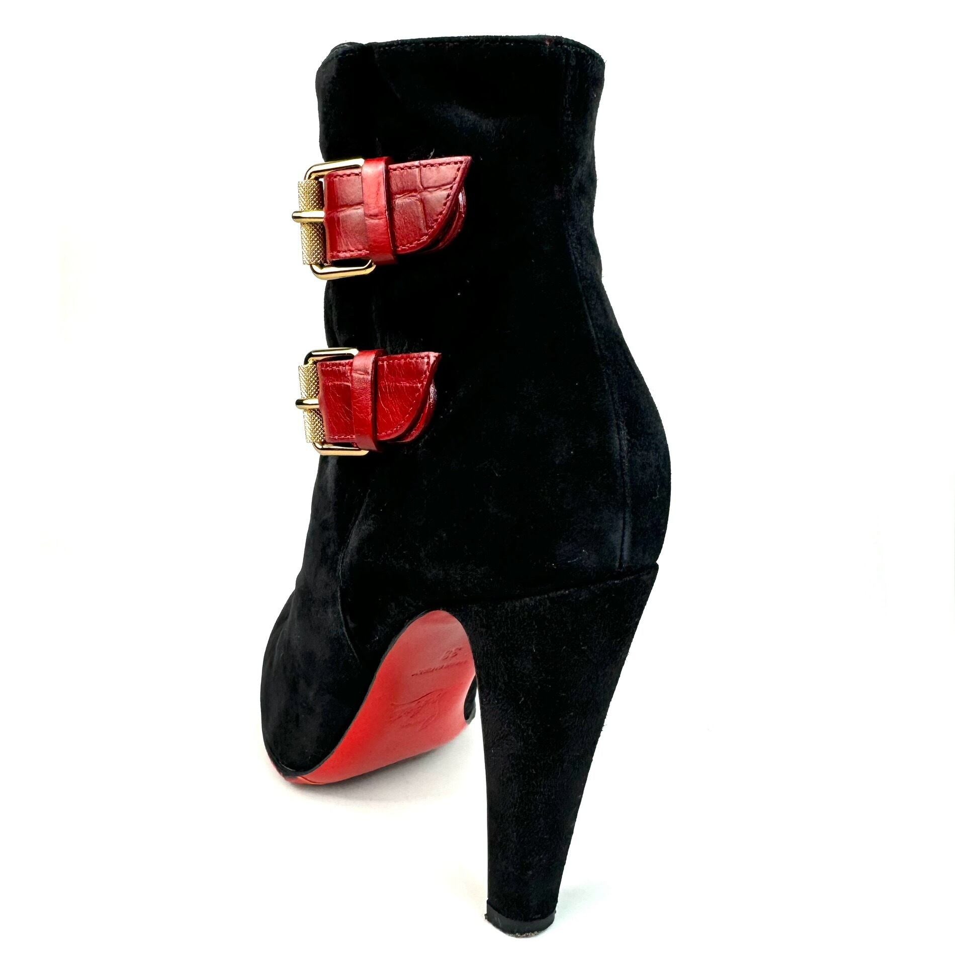 クリスチャンルブタン　ショートブーツ　サイドベルト　スエード　赤　黒　25cm