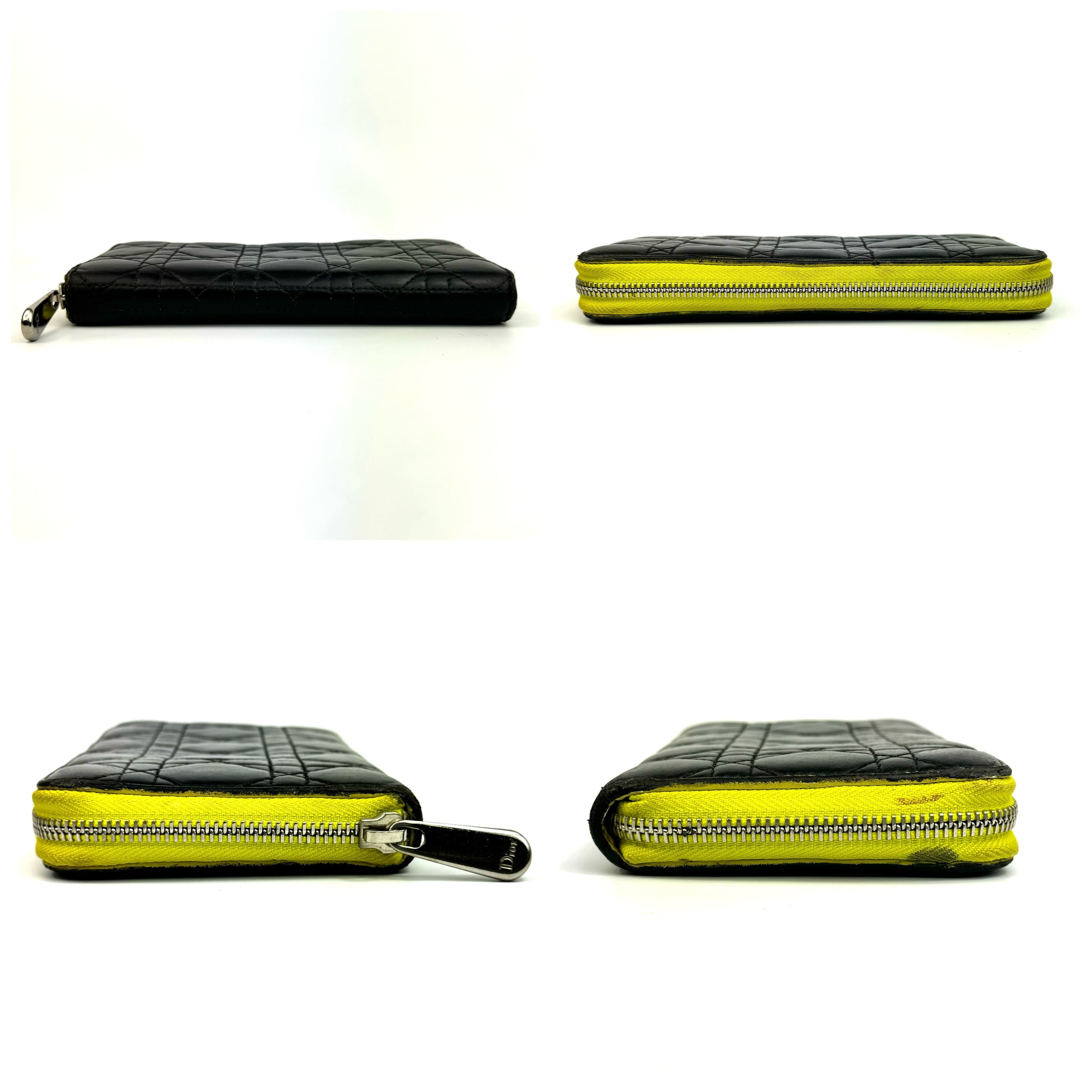 クリスチャンディオール　カナージュ　ロングウォレット　ラウンドジップ　レザー　黒　黄色　チャームなし