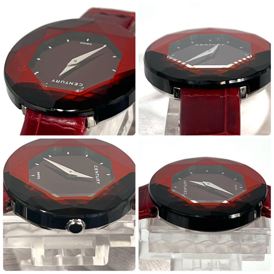 【美品】センチュリー　タイムジェム　クォーツ　カットガラス　ボルドー　革ベルト