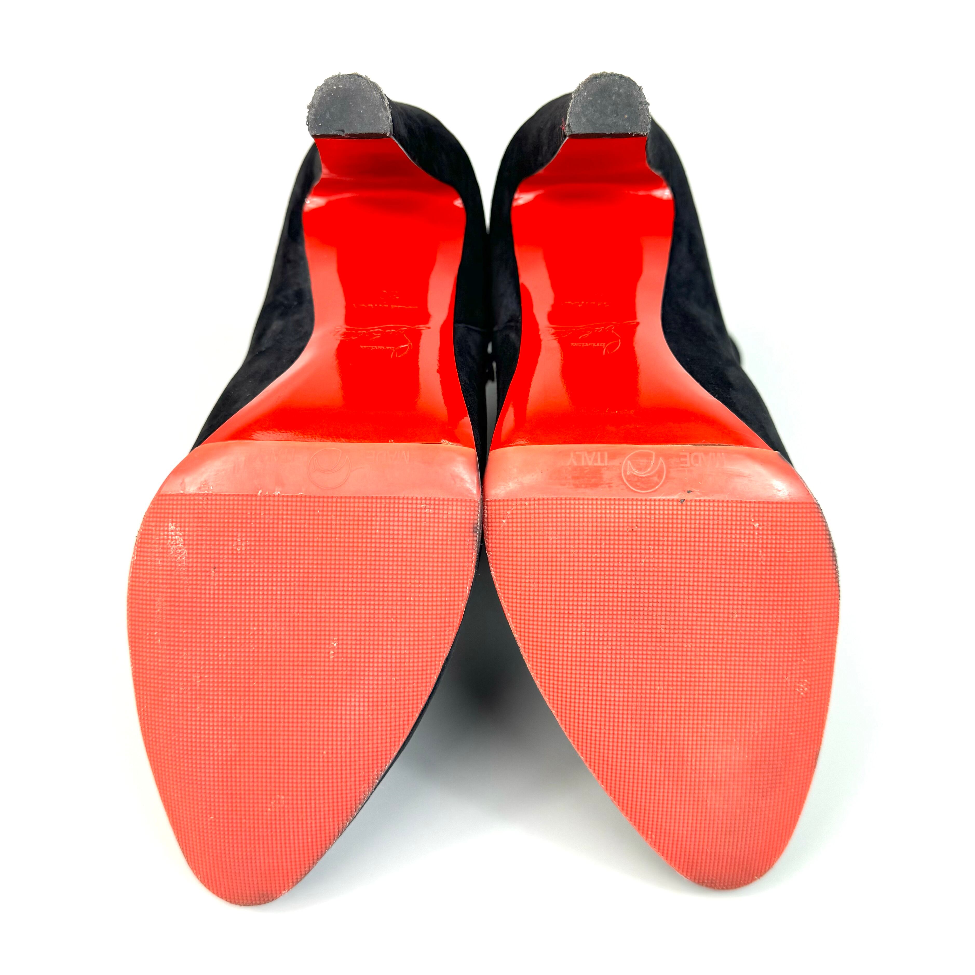 クリスチャンルブタン　ショートブーツ　サイドベルト　スエード　赤　黒　25cm