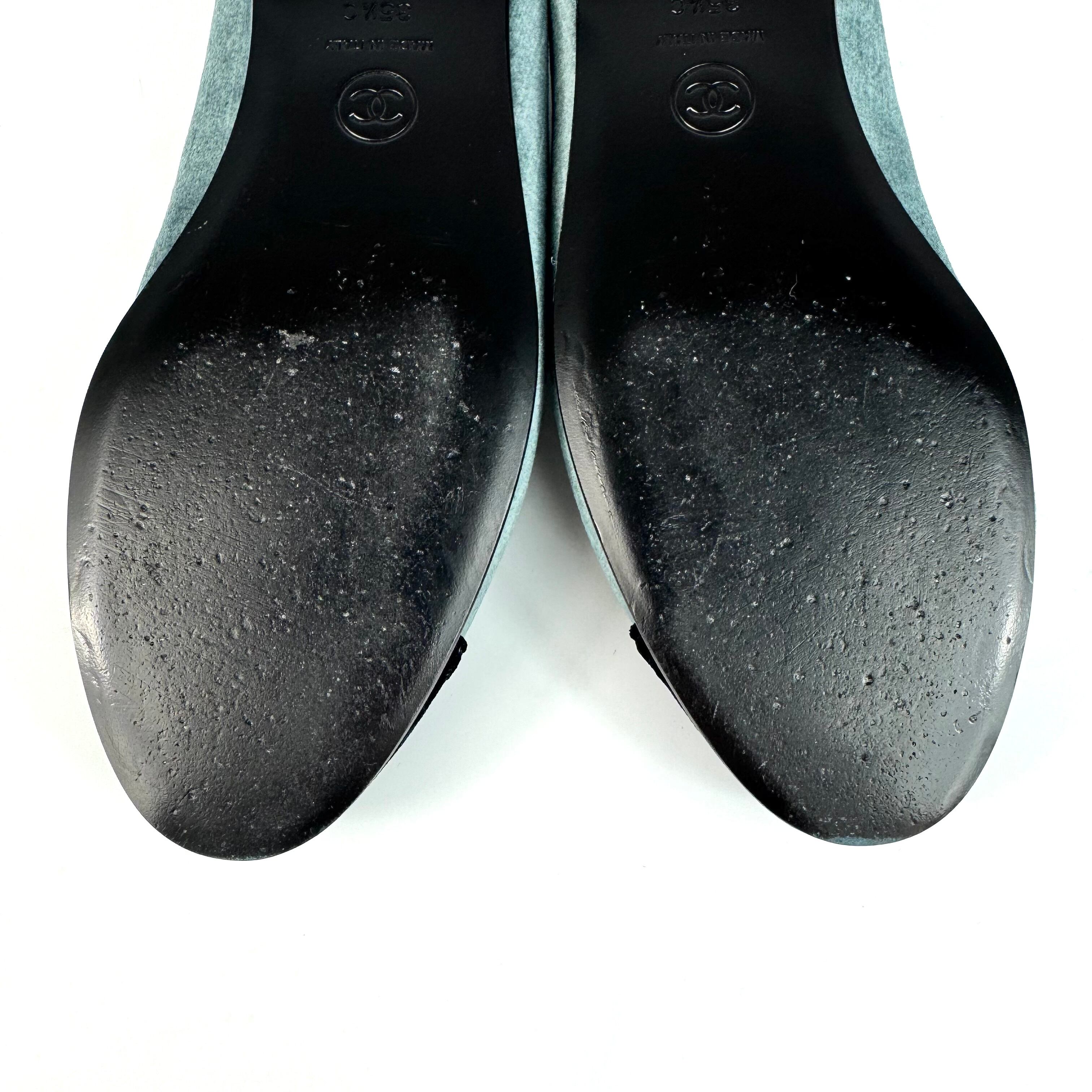 シャネル　CHANEL　リボンバレエシューズ　ココマーク　スエード　くすみブルー　23cm　351/2C