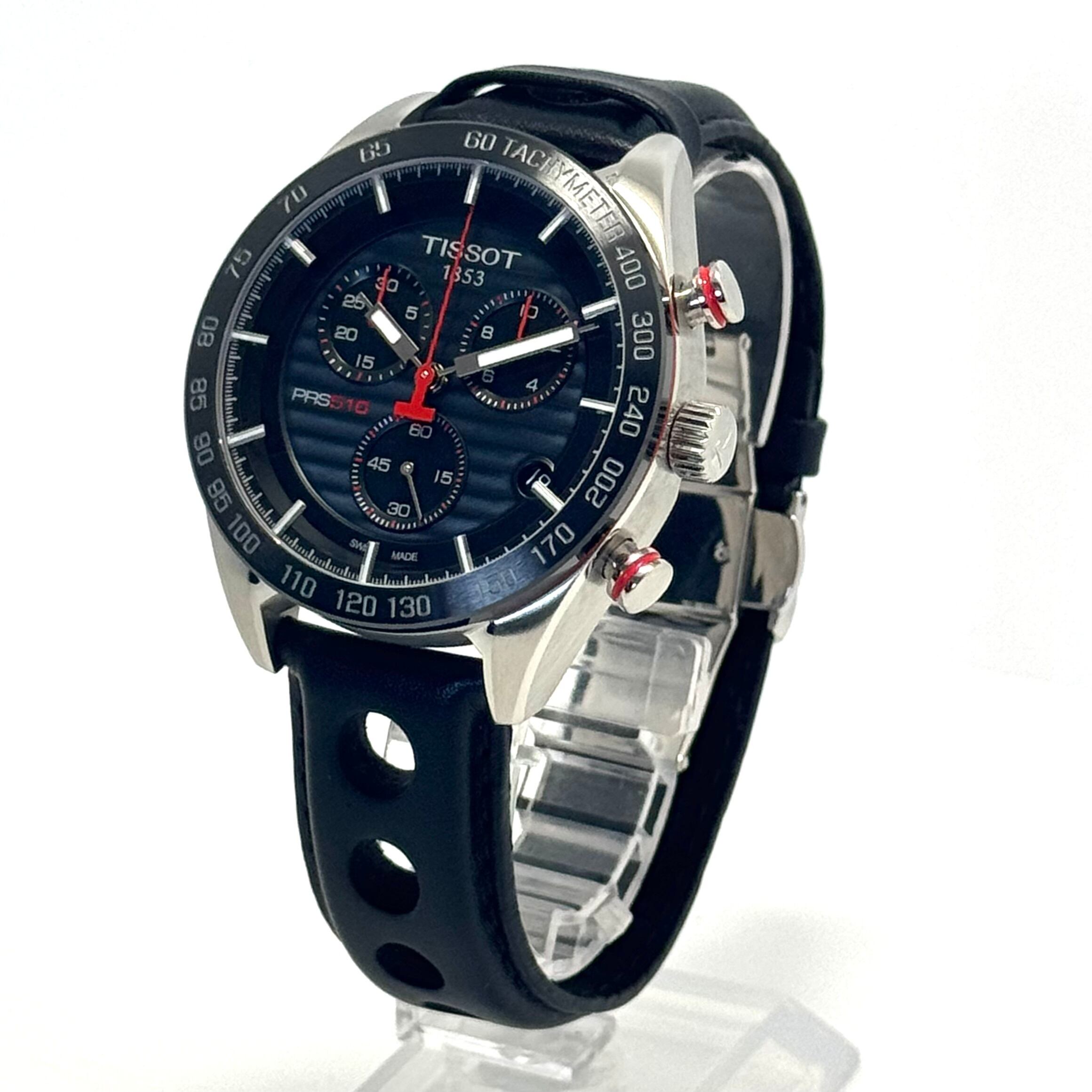 【美品】ティソ　TISSOT　PRS516　クロノグラフ　T100417A　クォーツ　クロノグラフ　黒　デイト表示　革ベルト