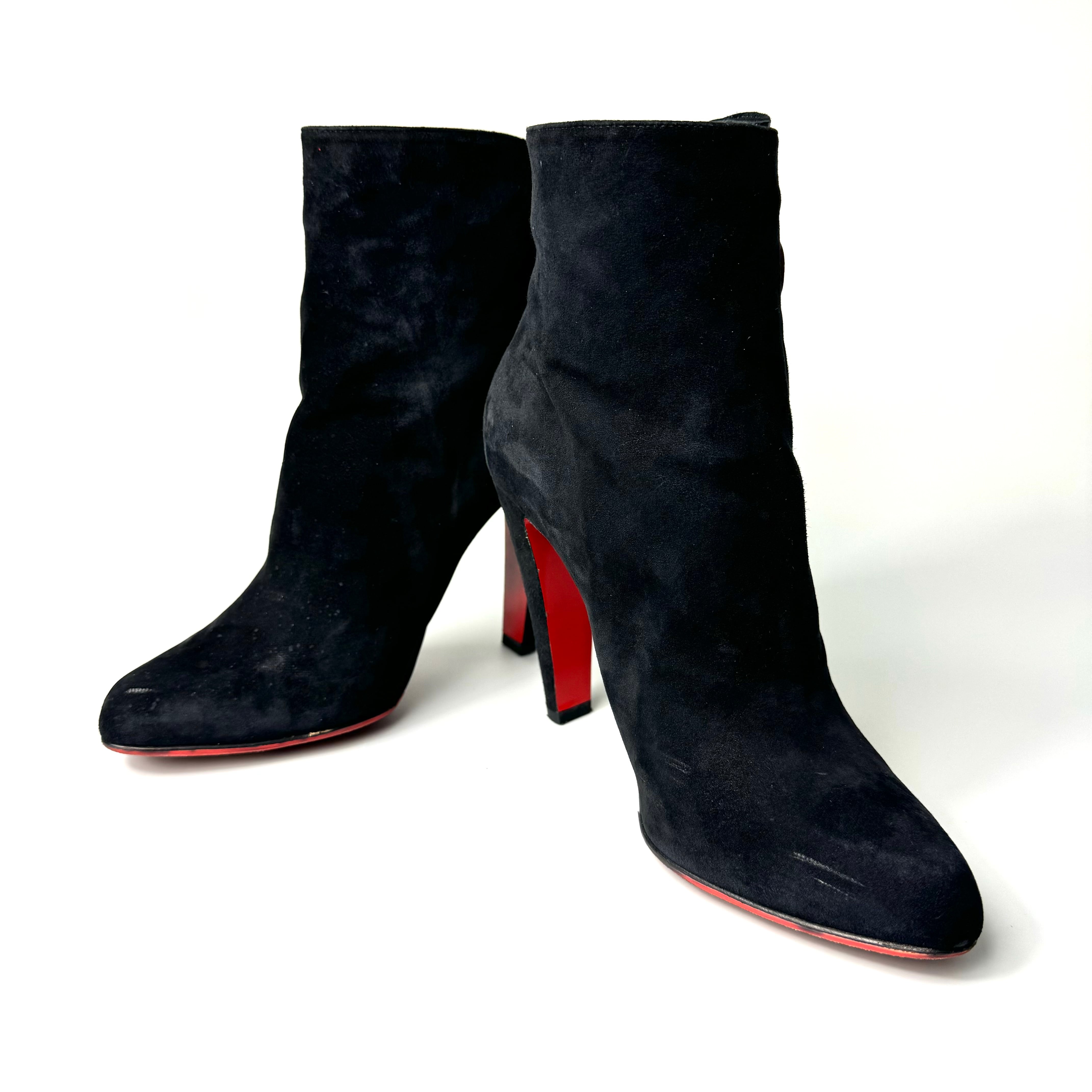 クリスチャンルブタン　ショートブーツ　サイドベルト　スエード　赤　黒　25cm