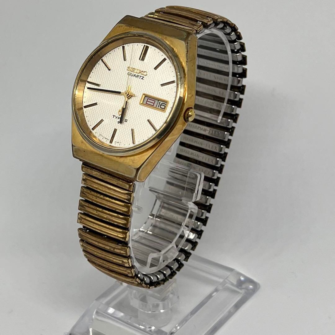 【電池交換】セイコー　TYPE2　クォーツ　デイデイト　白　ゴールド　裏蓋刻印有