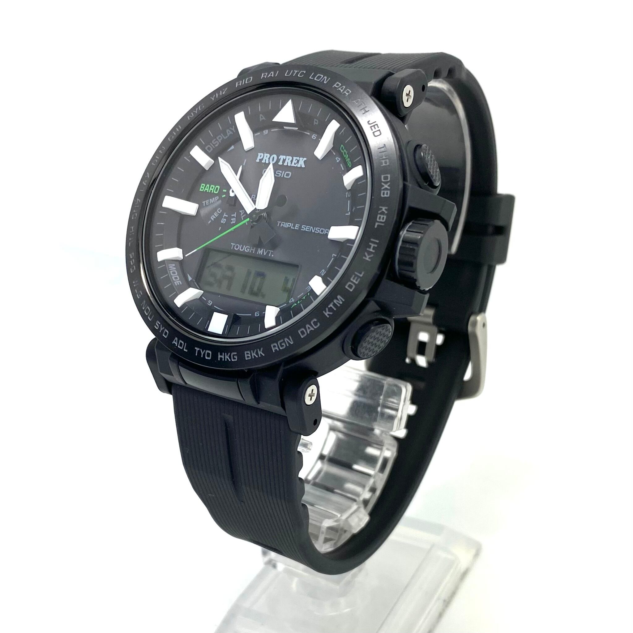 【美品】腕時計 メンズ カシオ CASIO プロトレック クライマーライン PRW-6621Y-1JF 電波ソーラー トリプルセンサー アナデジ 黒 樹脂ベルト バイオマスプラスチック 10気圧防水 アウトドア 登山