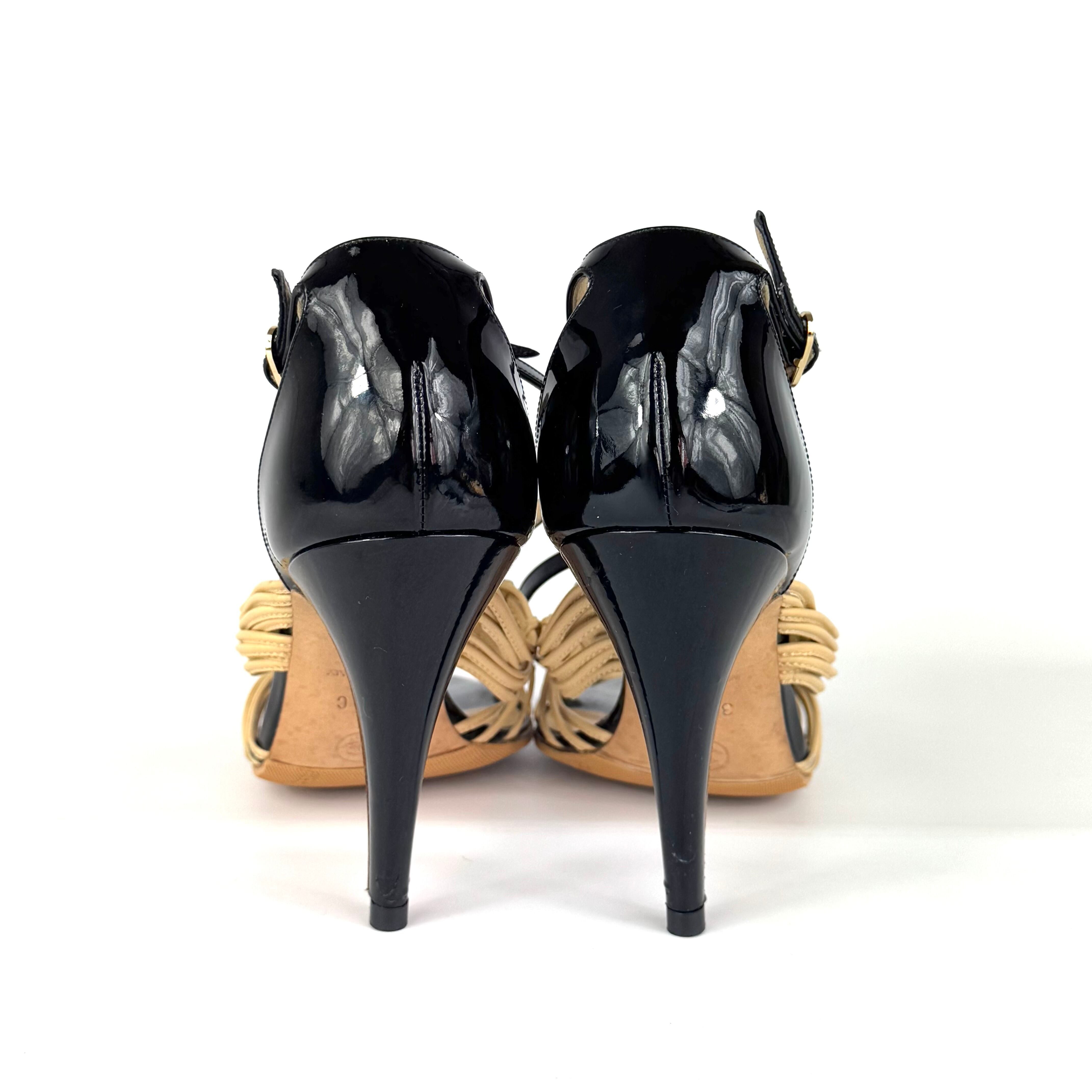 シャネル　CHANEL　ヒールサンダル　ストラップ　ココマーク　ベージュ　ブラック　37 1/2C　日本サイズ約24.5cm