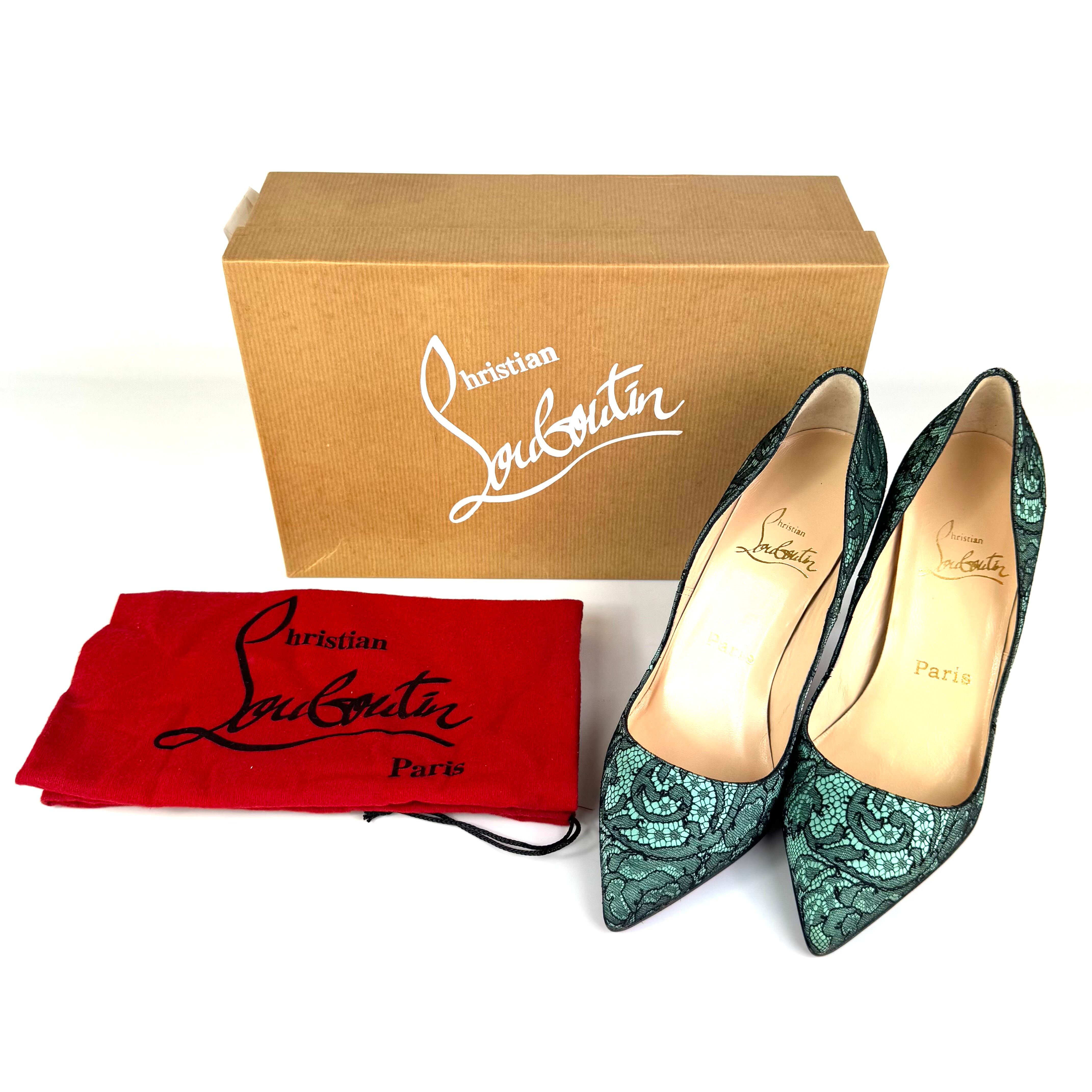 クリスチャンルブタン　Christian Louboutin　パンプス　フラワーレース　パーティー　グリーン　ブラック　37　日本サイズ約24cm