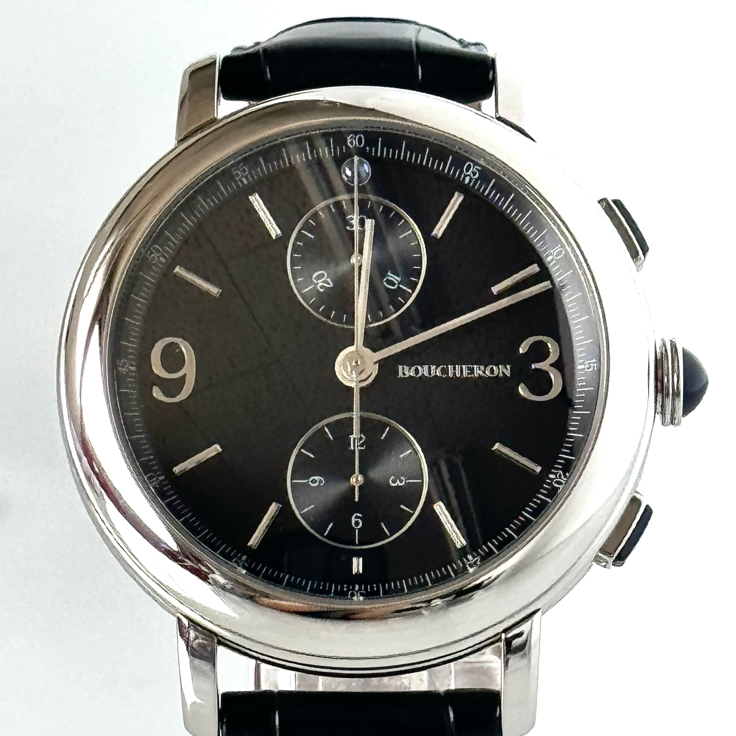 【美品】ブシュロン　エピュール　WA021302　自動巻　黒　クロノグラフ　裏スケ　革ベルト