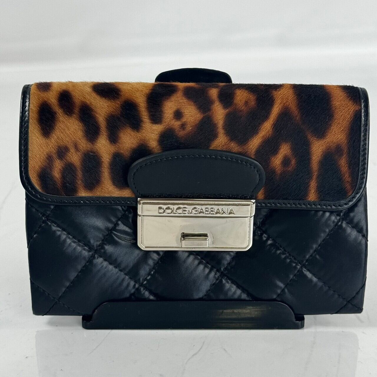 【美品】ドルチェアンドガッバーナ　Dolce&Gabbana　財布　フラップ　レオパード　黒　ナイロン　ハラコ
