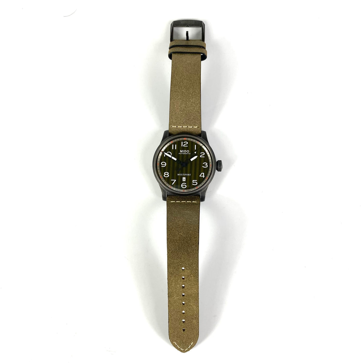 【美品】ミドー　MIDO　マルチフォート　M032607A　自動巻　デイト表示　裏スケ　カーキ　革ベルト