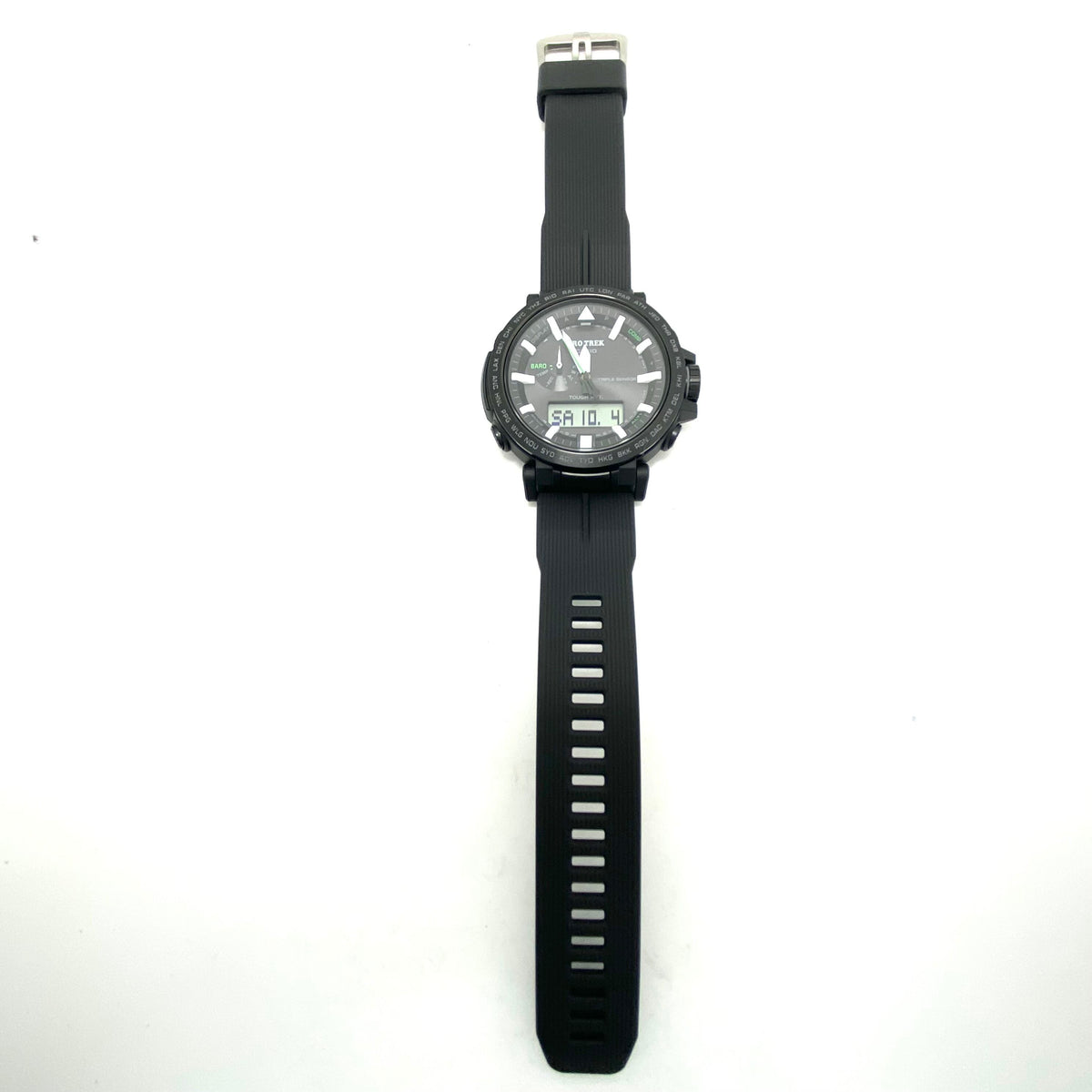 【美品】腕時計 メンズ カシオ CASIO プロトレック クライマーライン PRW-6621Y-1JF 電波ソーラー トリプルセンサー アナデジ 黒 樹脂ベルト バイオマスプラスチック 10気圧防水 アウトドア 登山
