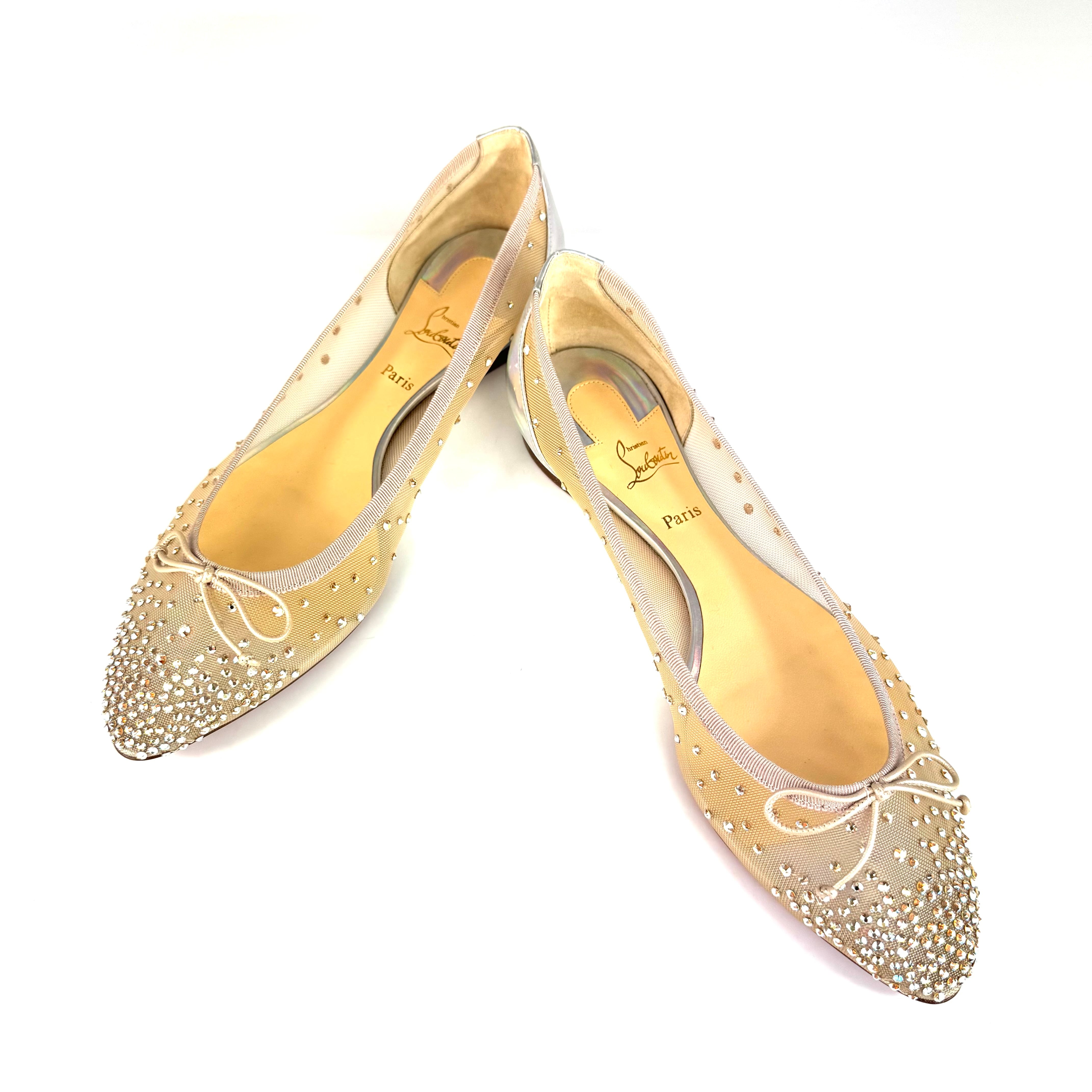 【美品・希少】クリスチャンルブタン　フラットパンプス　ラインストーン　リボン　メッシュ　ベージュ　25.5cm