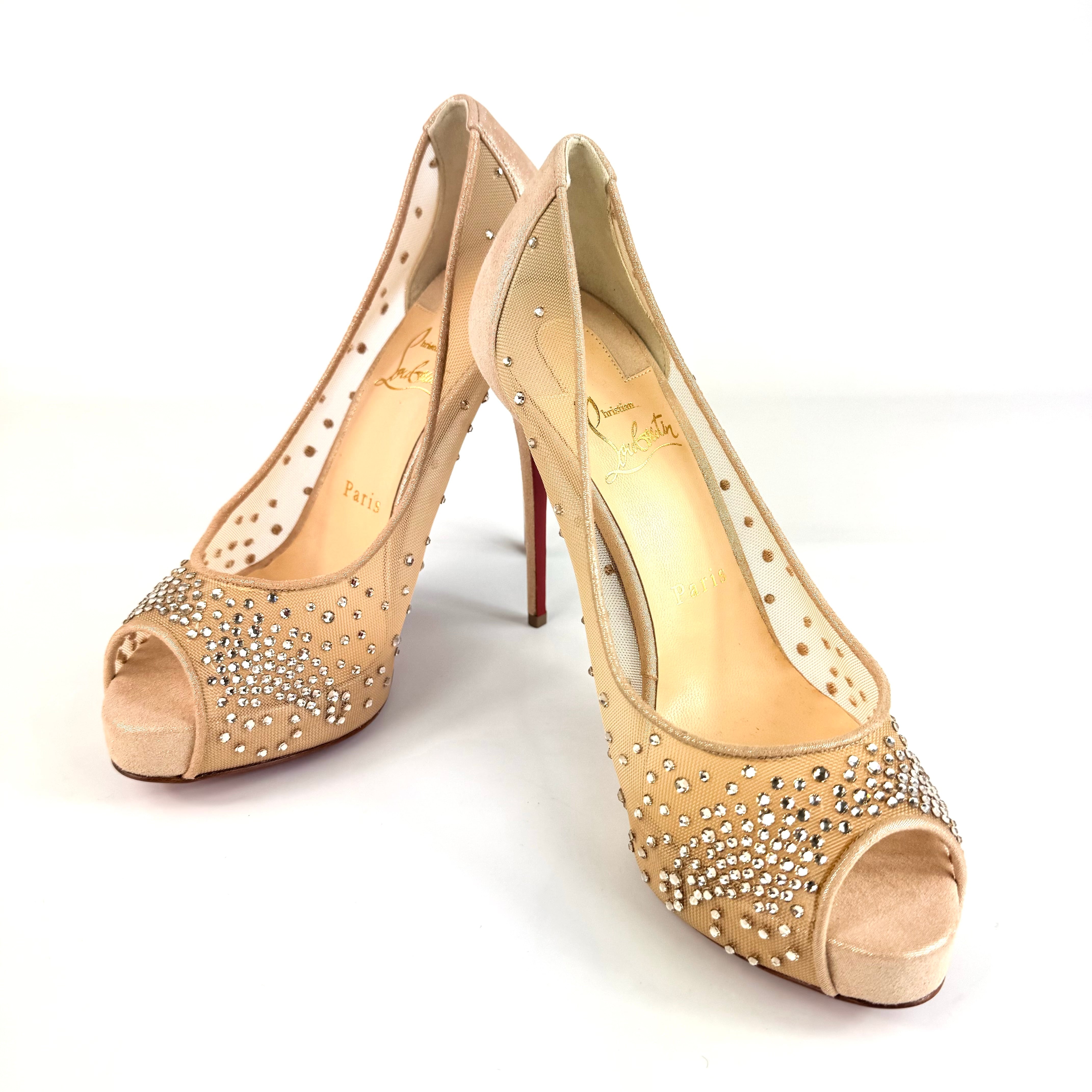 【未使用】クリスチャンルブタン　パンプス　メッシュ×スエード　オープントゥ　ベージュ　23.5cm