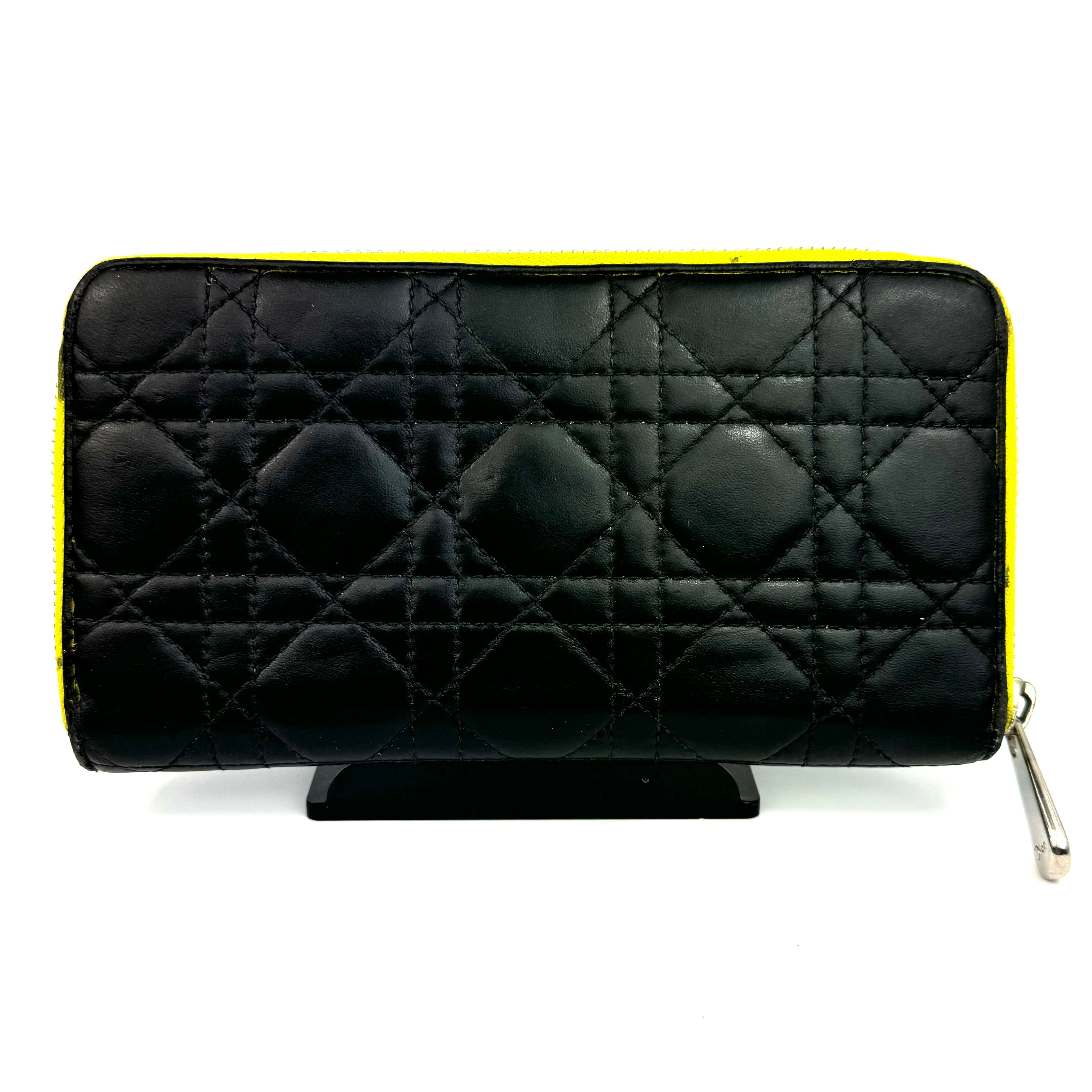 クリスチャンディオール　カナージュ　ロングウォレット　ラウンドジップ　レザー　黒　黄色　チャームなし