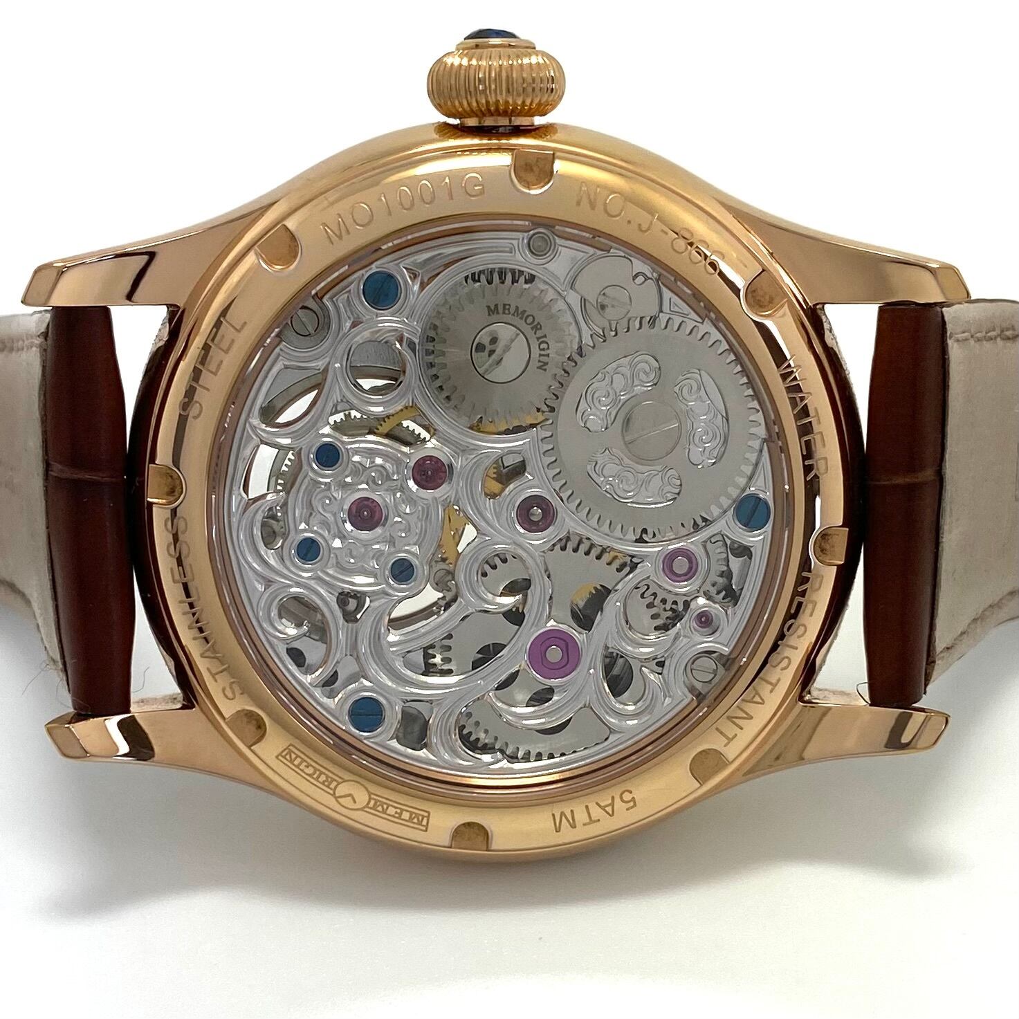 【希少】メモリジン　ナビゲーター　MO1001G　J-866　トゥールビヨン　手巻き　スケルトン　アイボリー　ゴールド　パワーリザーブ　革ベルト