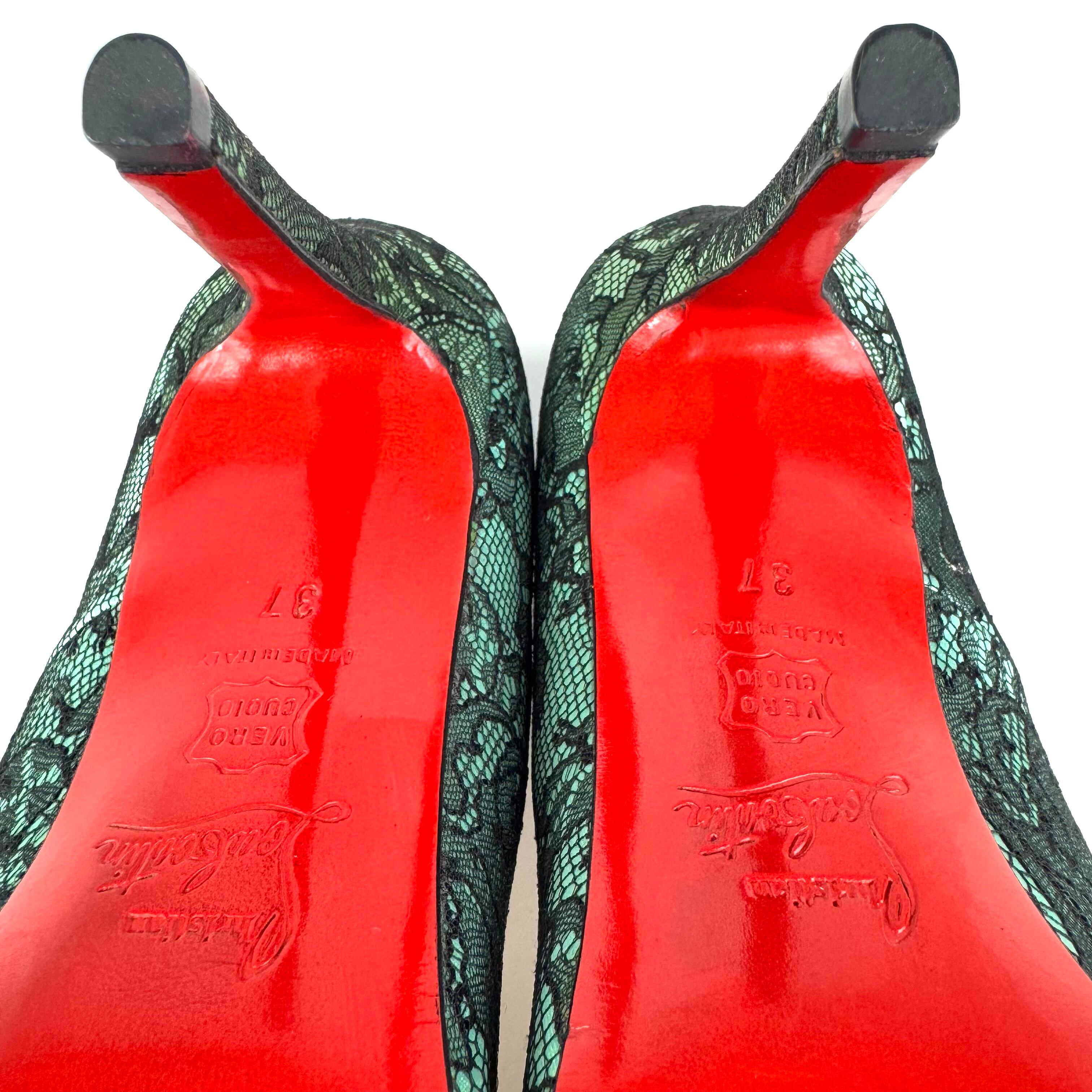 クリスチャンルブタン　Christian Louboutin　パンプス　フラワーレース　パーティー　グリーン　ブラック　37　日本サイズ約24cm