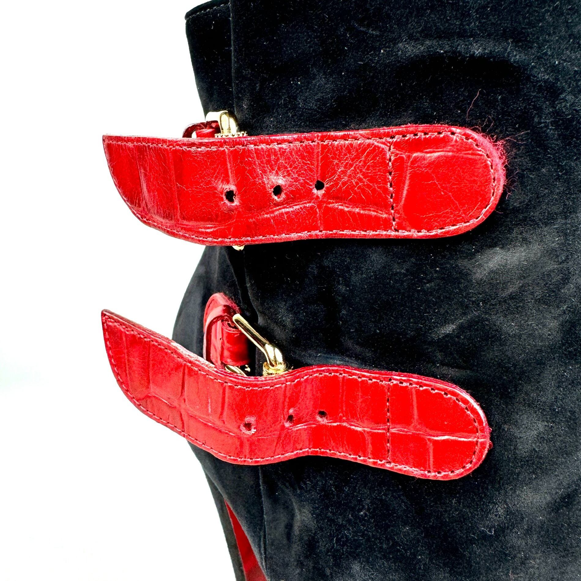 クリスチャンルブタン　ショートブーツ　サイドベルト　スエード　赤　黒　25cm